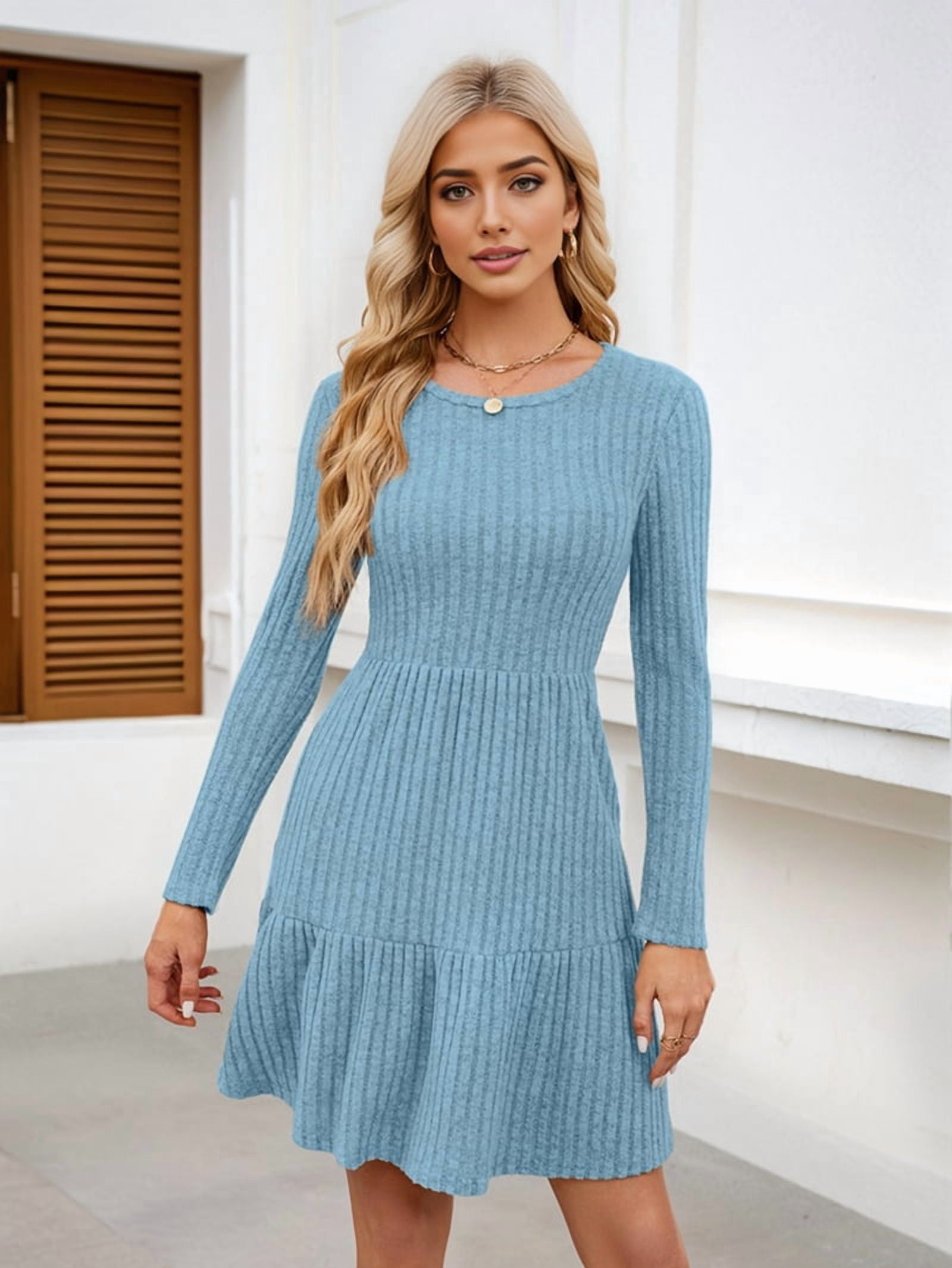 Women's Ribbed Knit A-Line Sweater Dress with Pockets in Light Blue (photo 5)