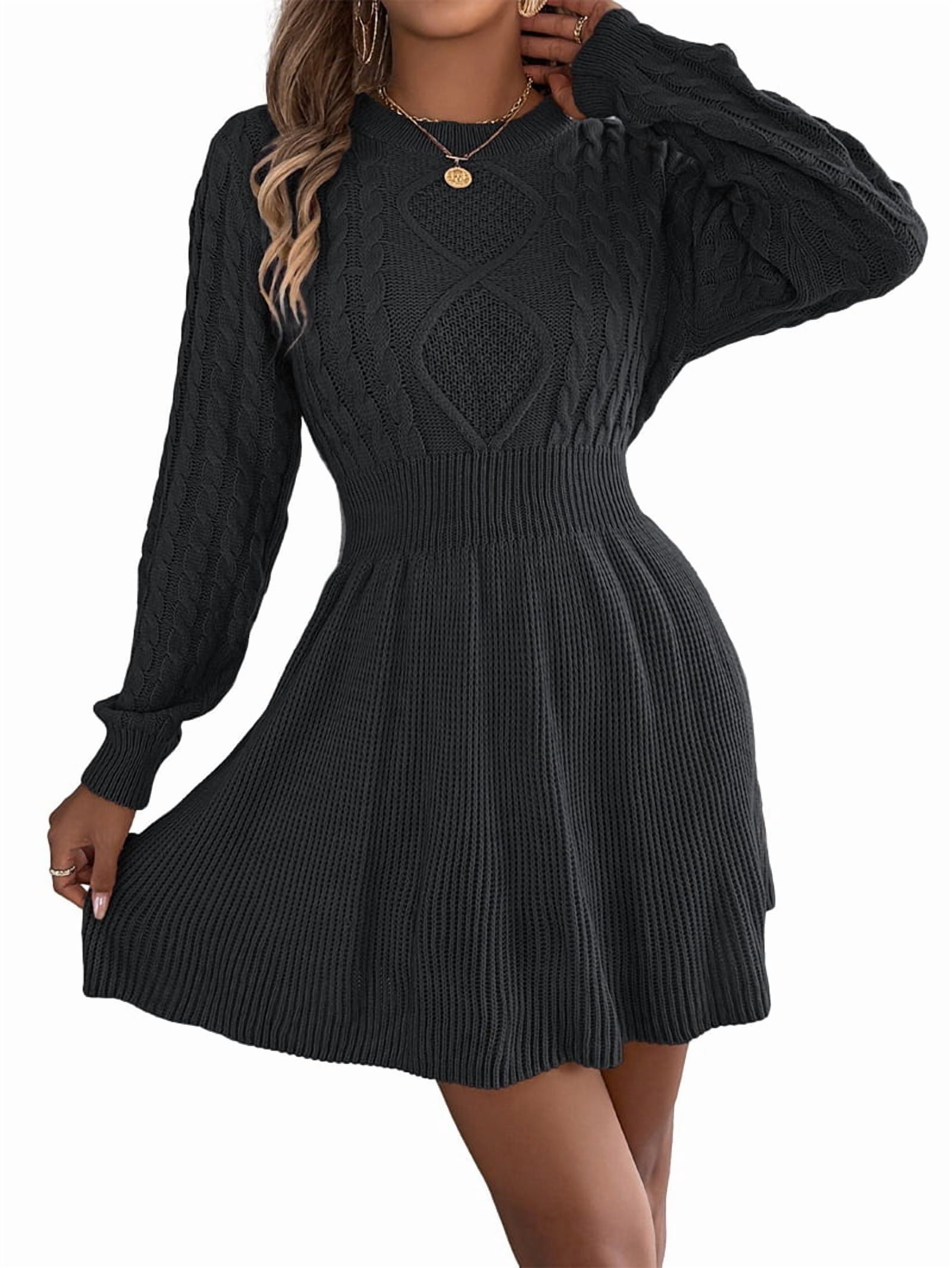 Women's Mock Neck Cable Knit Fit and Flare Sweater Dress in Black