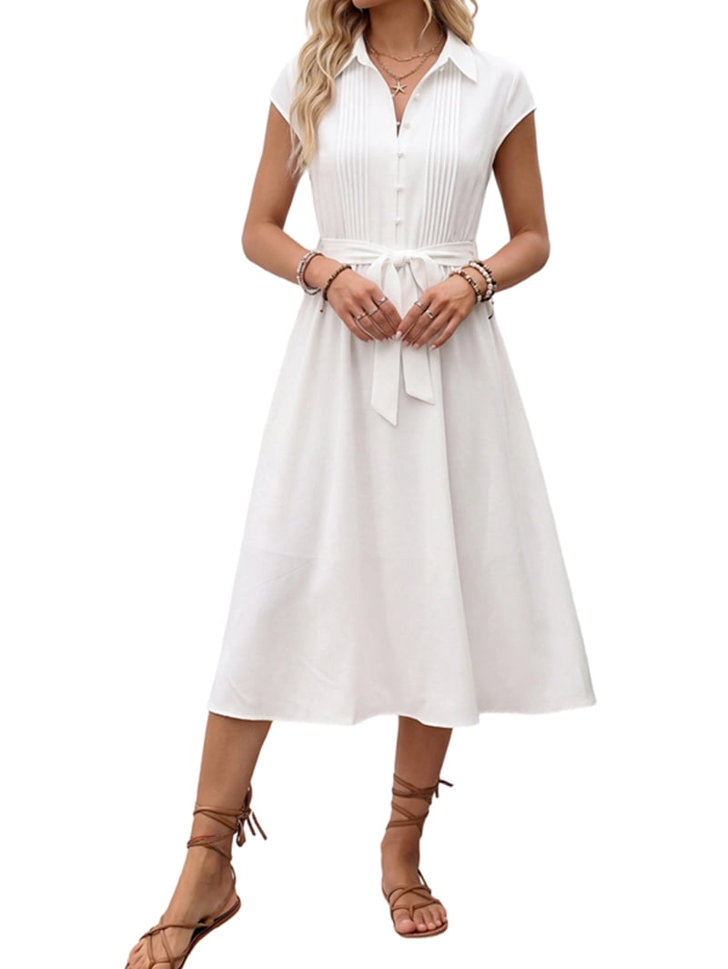 Women's Cap Sleeve Tie Waist Midi Shirt Dress in White (photo 2)
