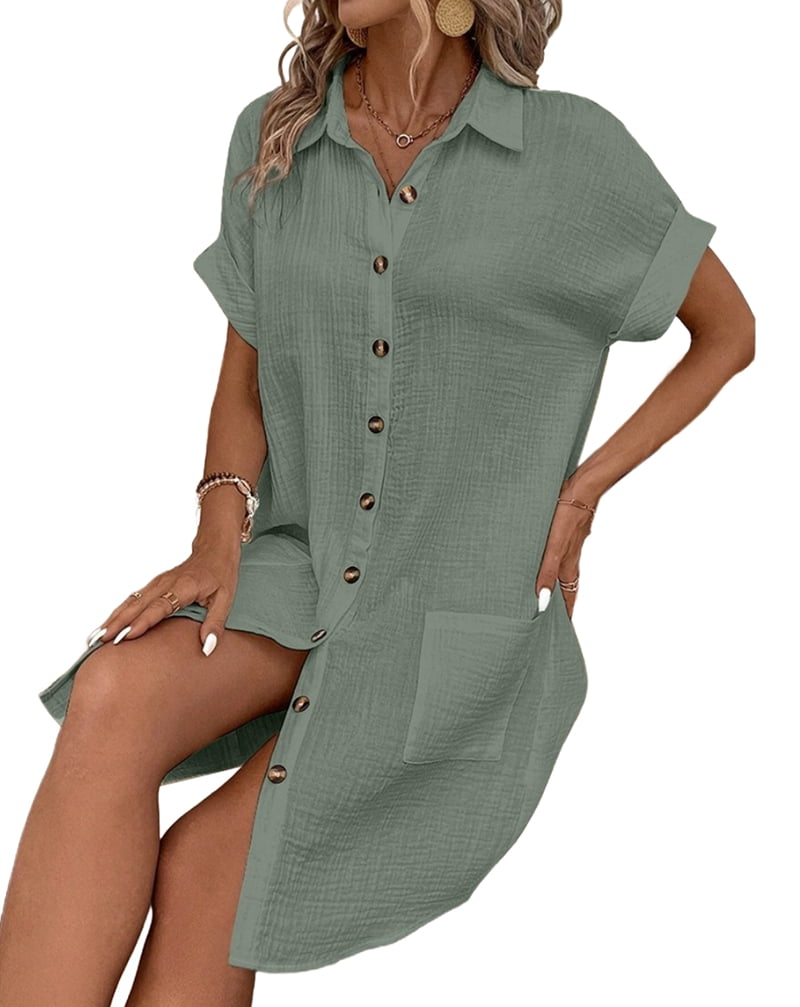 Women's Short Sleeve Button Down Shirt Dress in Gray Green (photo 2)