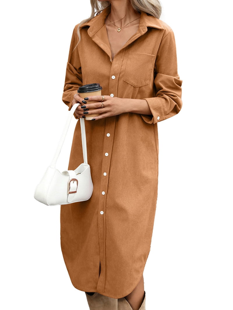 Corduroy button down shirt dress in camel