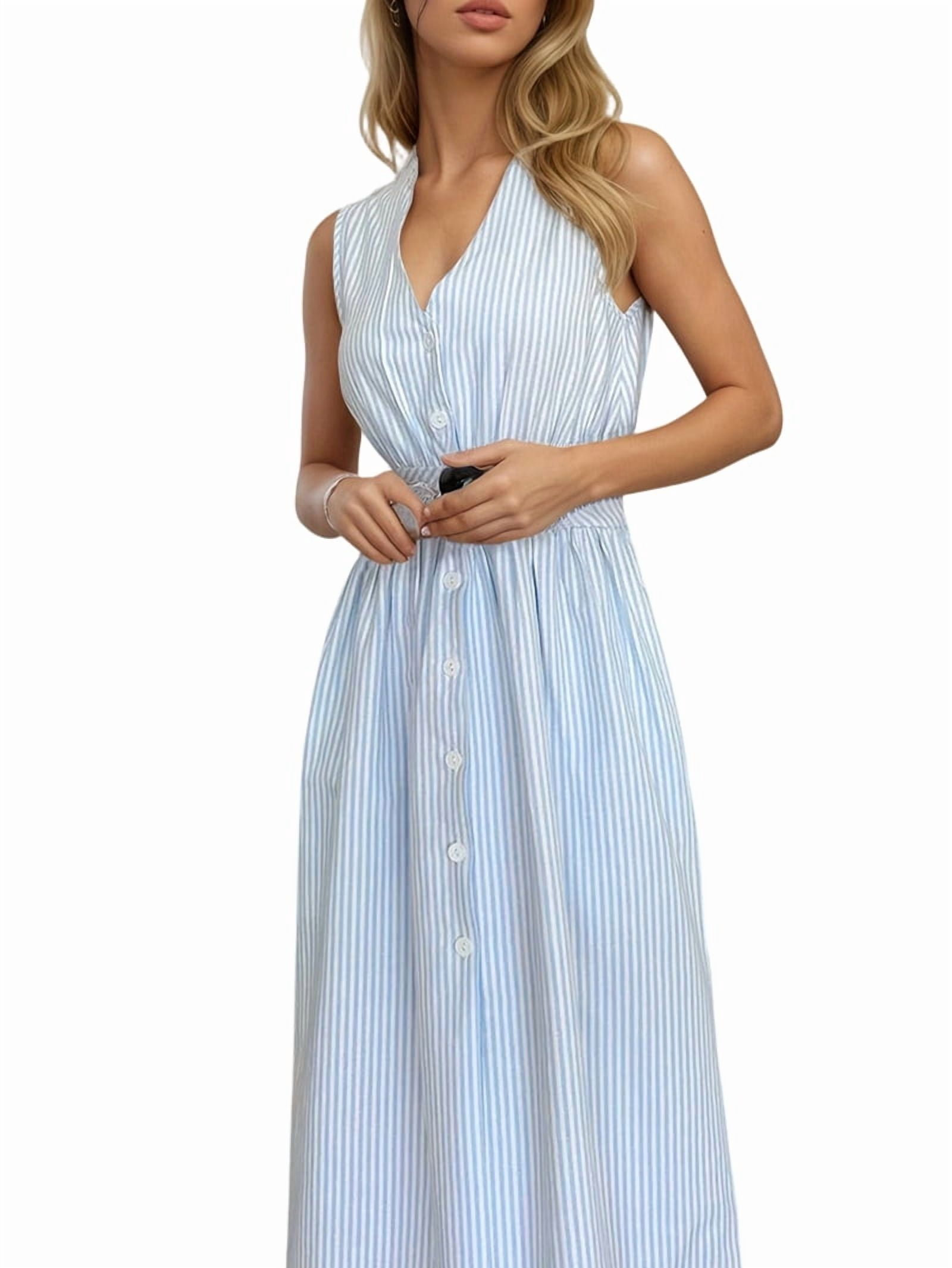 Women's Sleeveless Striped Maxi Shirt Dress in Light Blue (photo 2)
