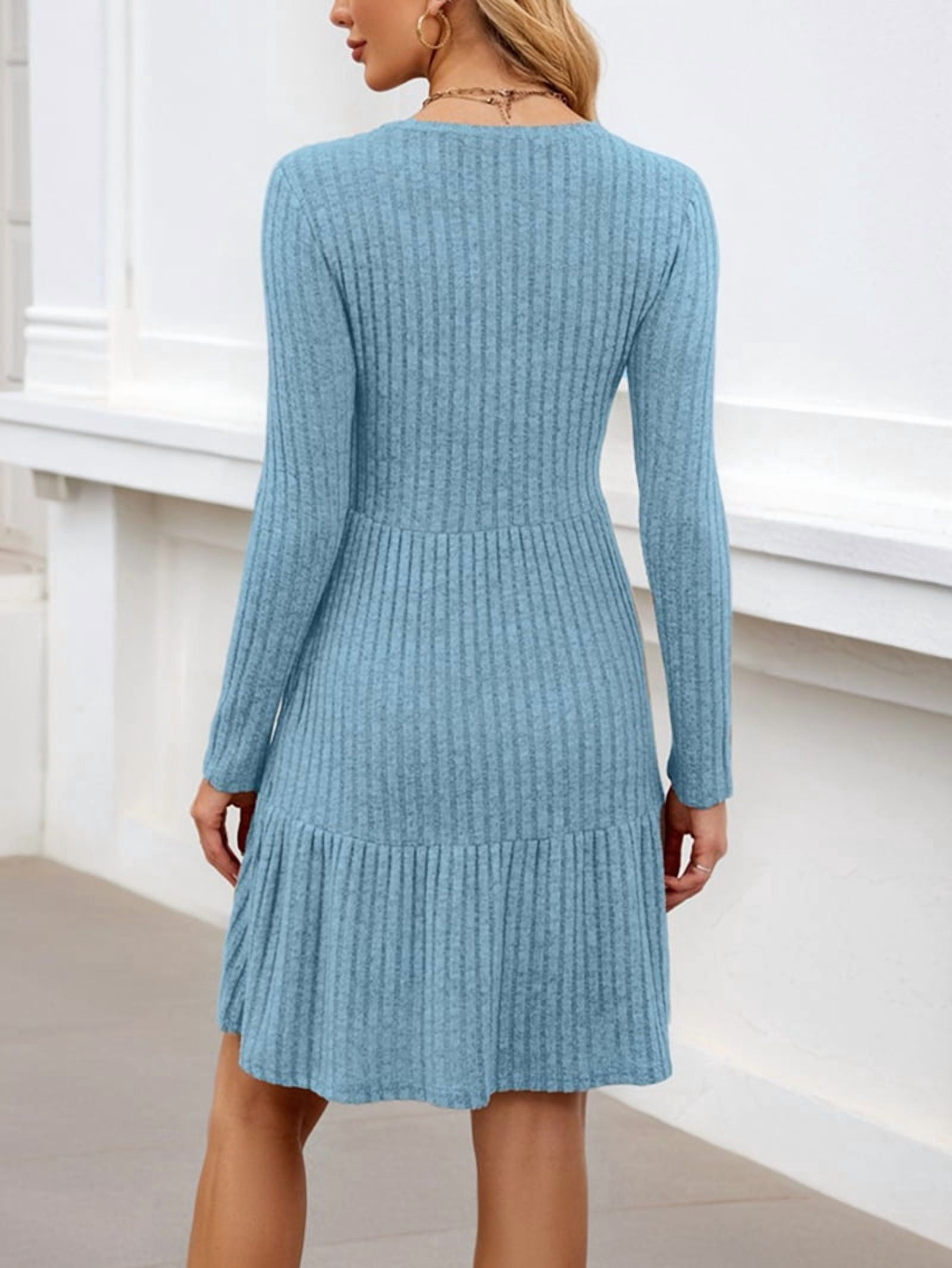 Women's Ribbed Knit A-Line Sweater Dress with Pockets in Light Blue (photo 6)