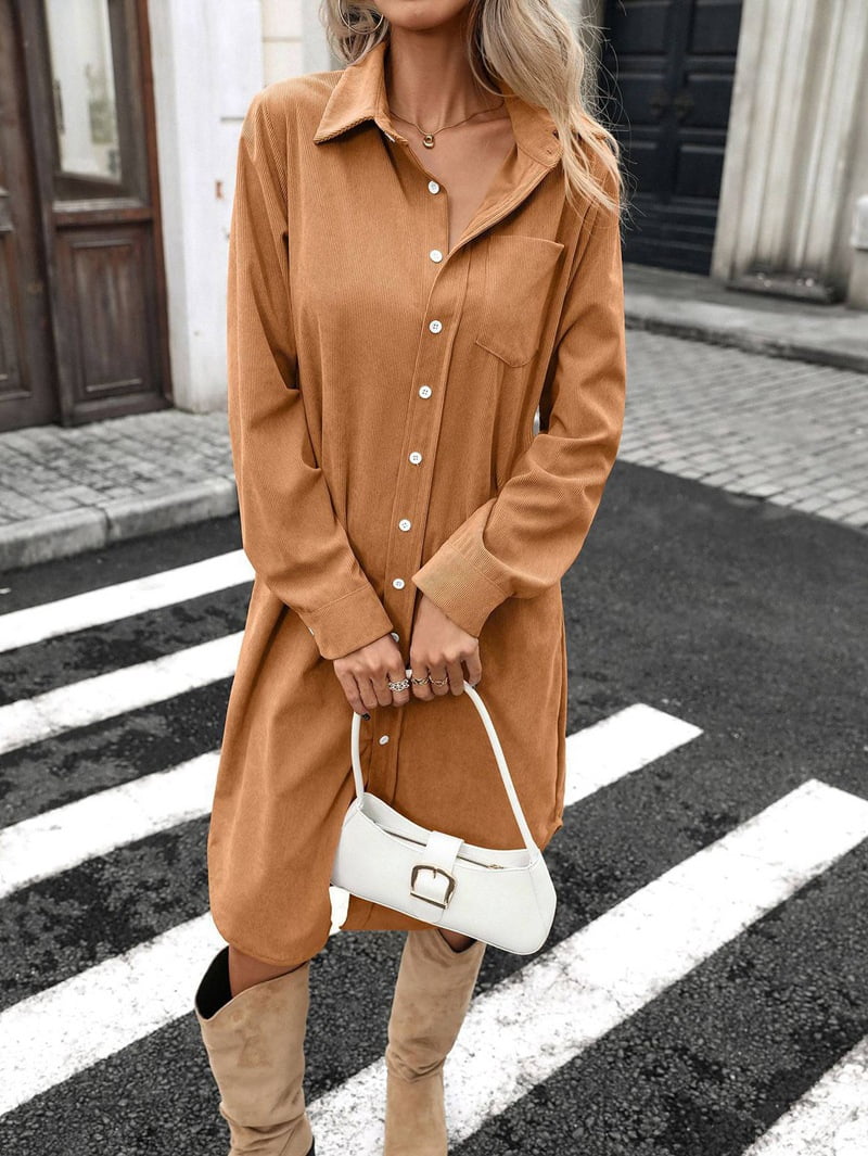 Women's Corduroy Button Down Shirt Dress in Camel (photo 5)