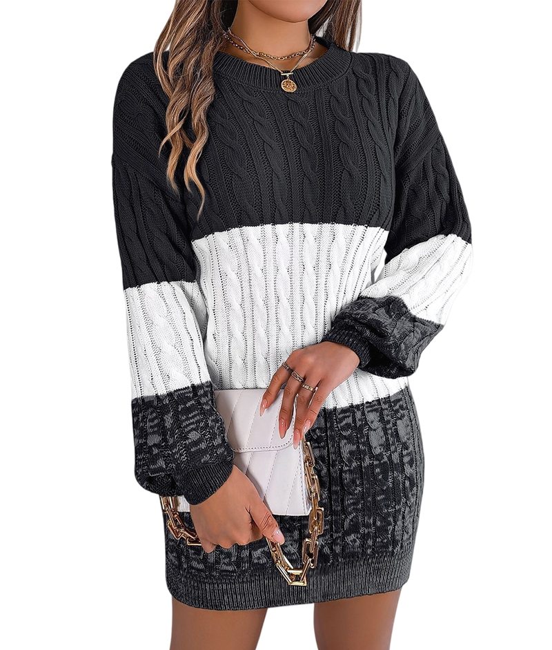 Women's Color Block Cable Knit Sweater Dress in Black and White (photo 2)