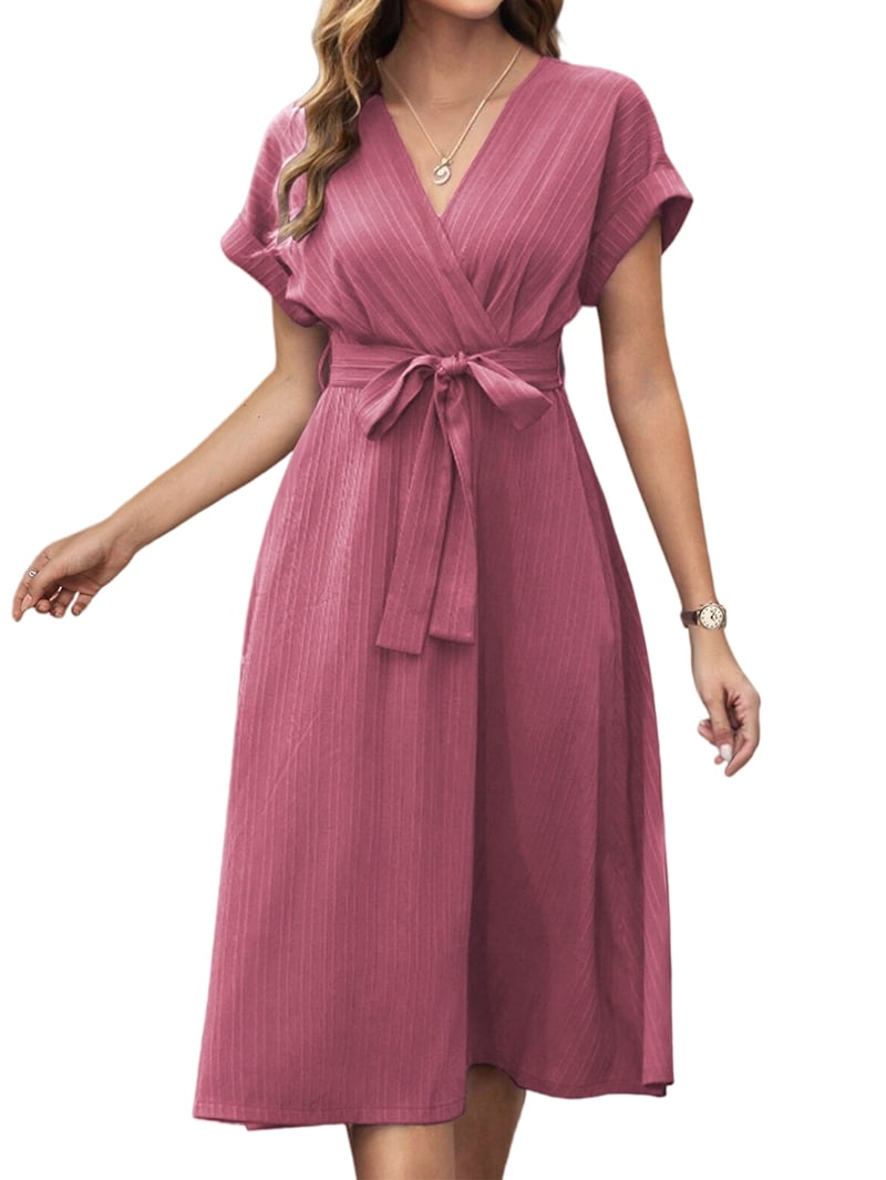 Women's Cap Sleeve Belted Wrap Midi Dress in Dusty Rose