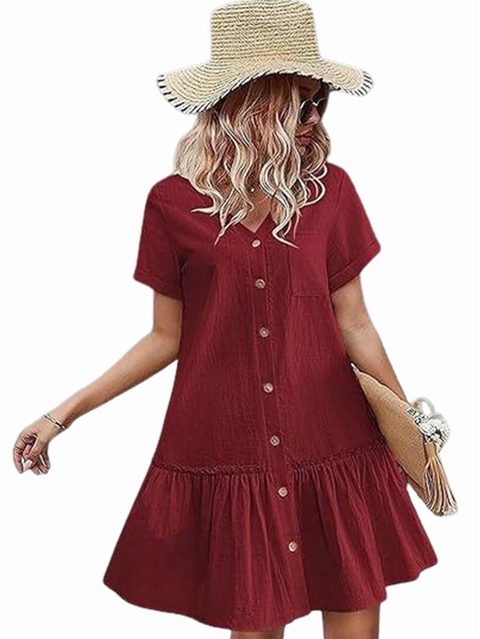 Women's Button Front Tiered Shirt Dress in Wine Red