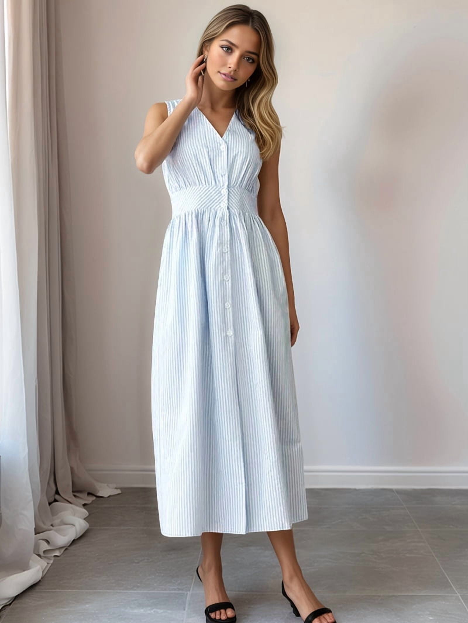 Women's Sleeveless Striped Maxi Shirt Dress in Light Blue (photo 3)