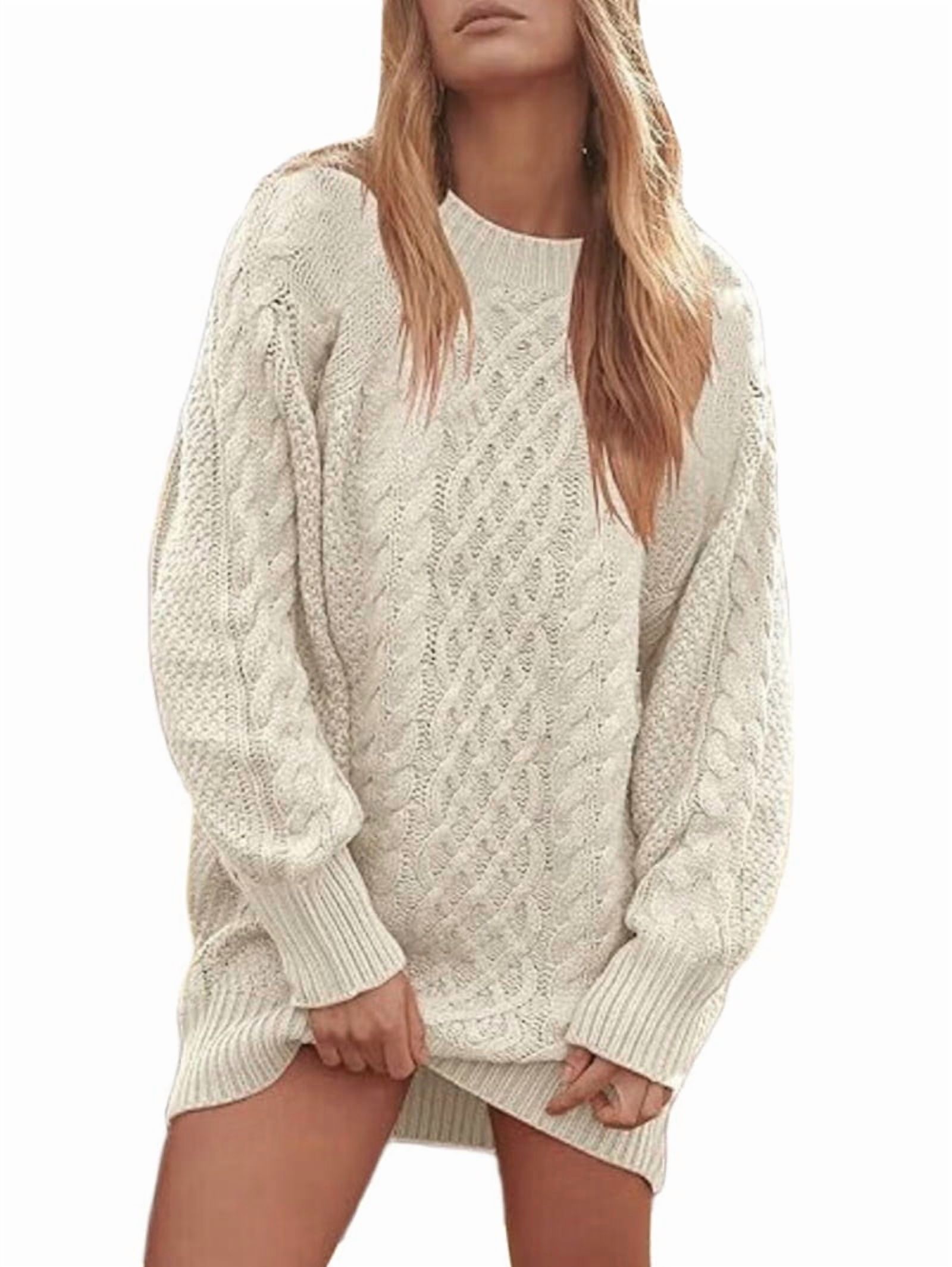 Women's Oversized Chunky Cable Knit Sweater Dress in Apricot (photo 2)