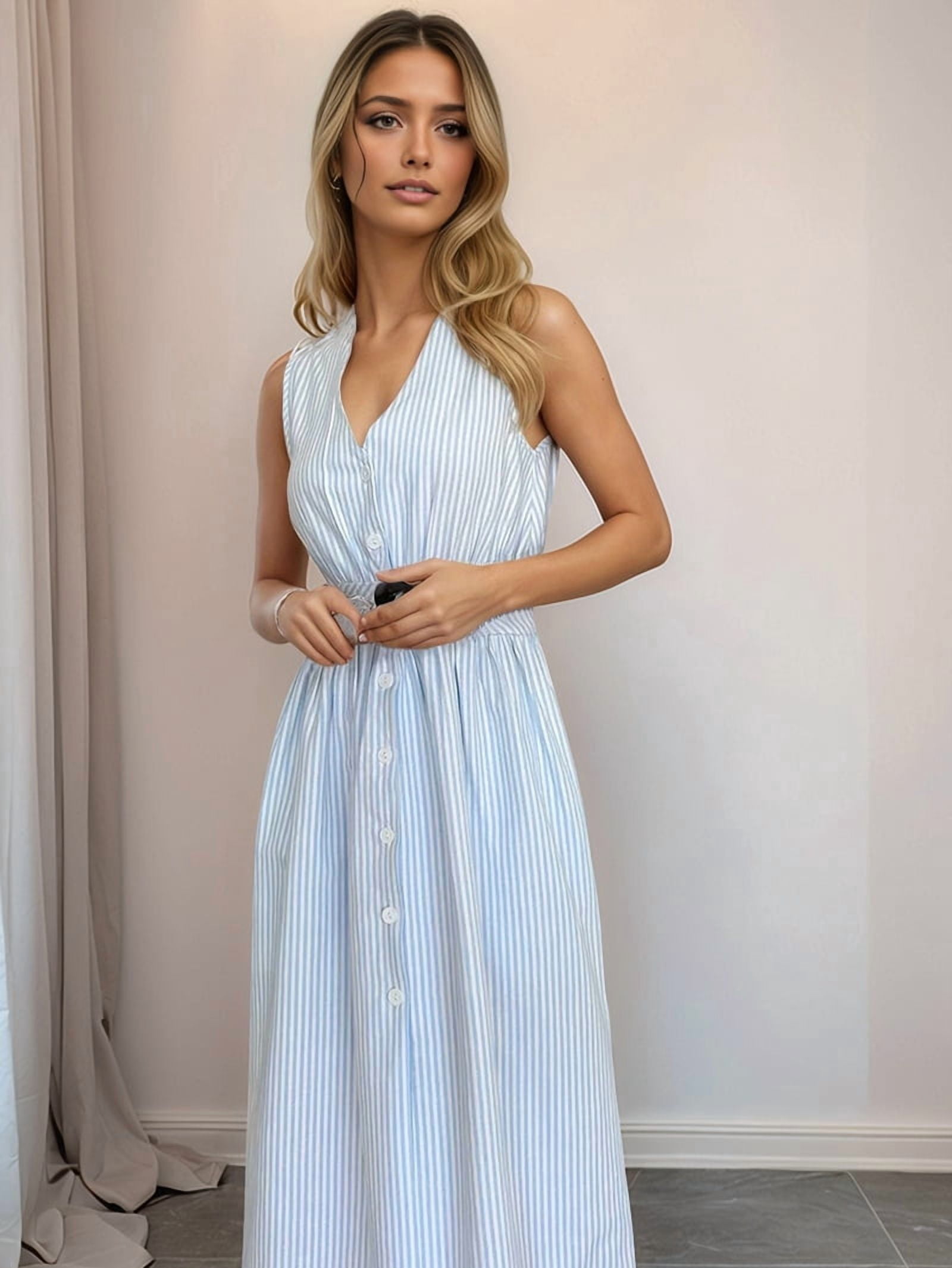 Women's Sleeveless Striped Maxi Shirt Dress in Light Blue (photo 4)