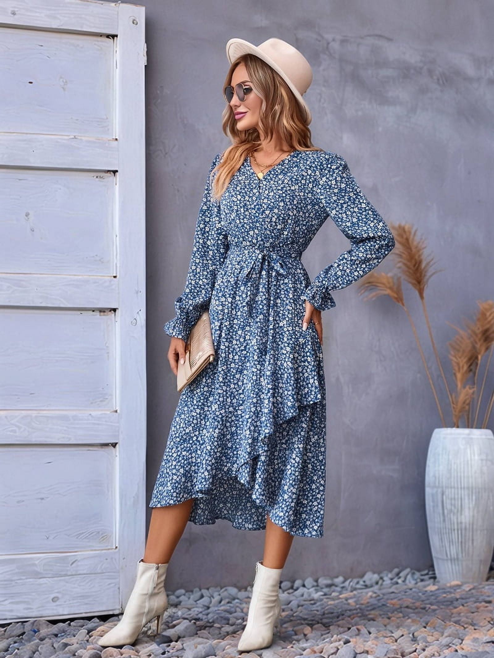 Women's Floral Long Sleeve Wrap Dress with Ruffle Hem in Blue (photo 6)