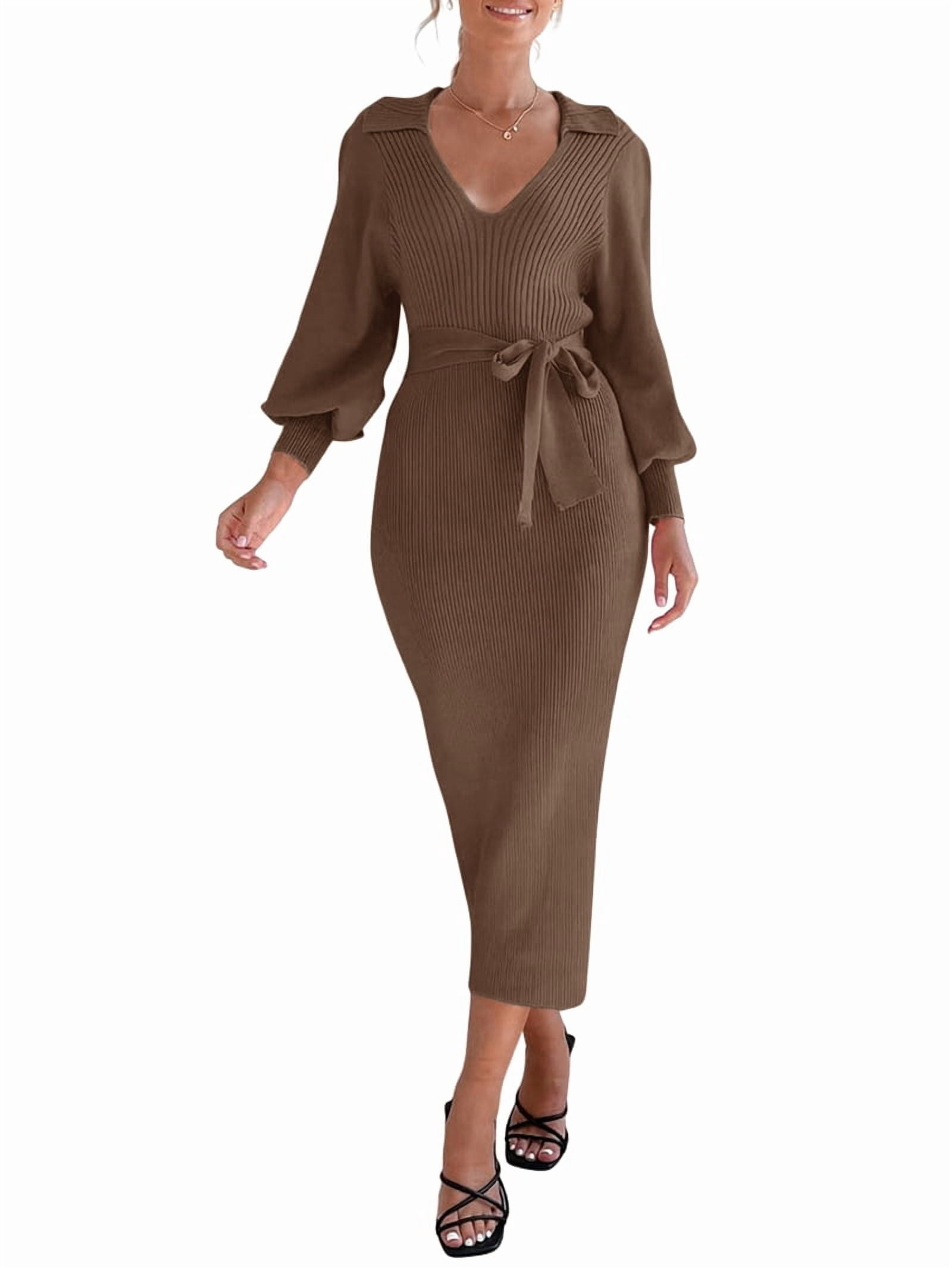 Women's Belted V-Neck Knit Maxi Dress with Lantern Sleeves in Coffee