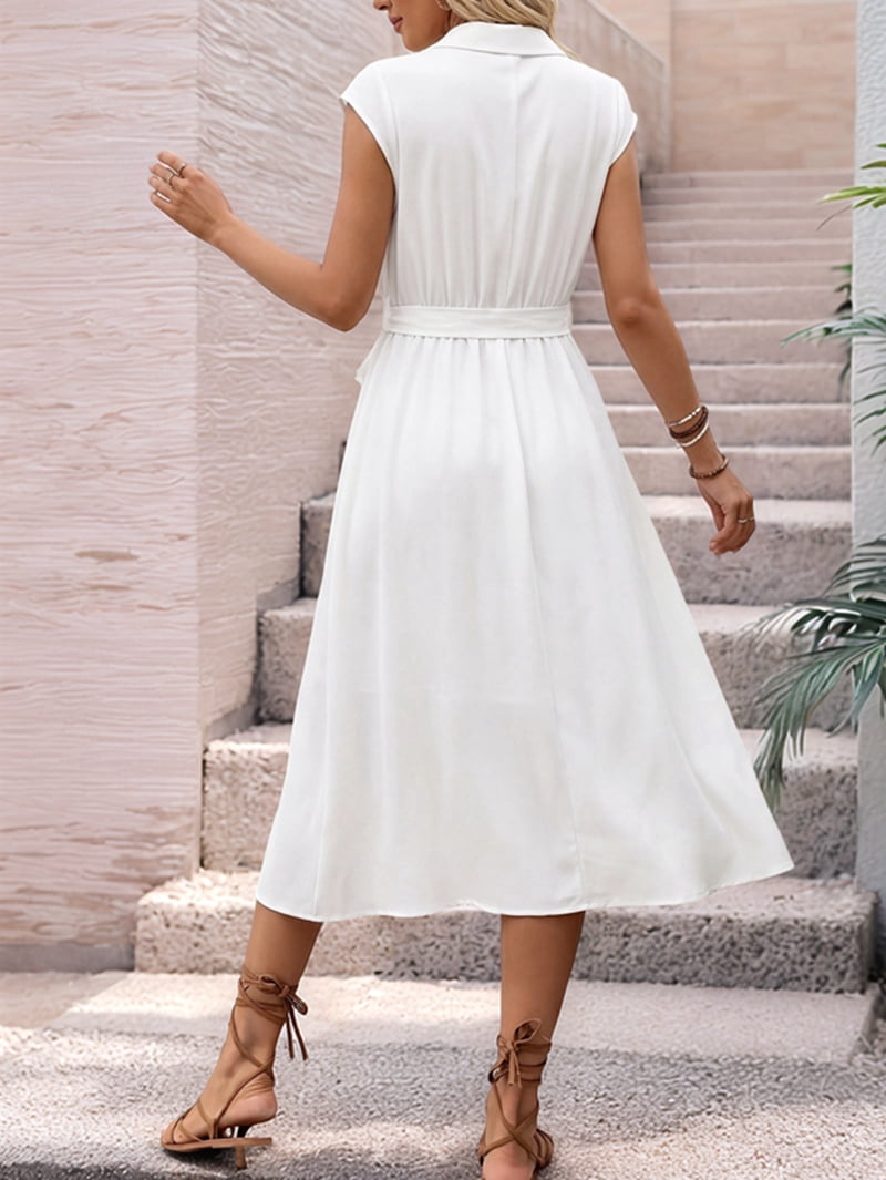 Women's Cap Sleeve Tie Waist Midi Shirt Dress in White (photo 8)