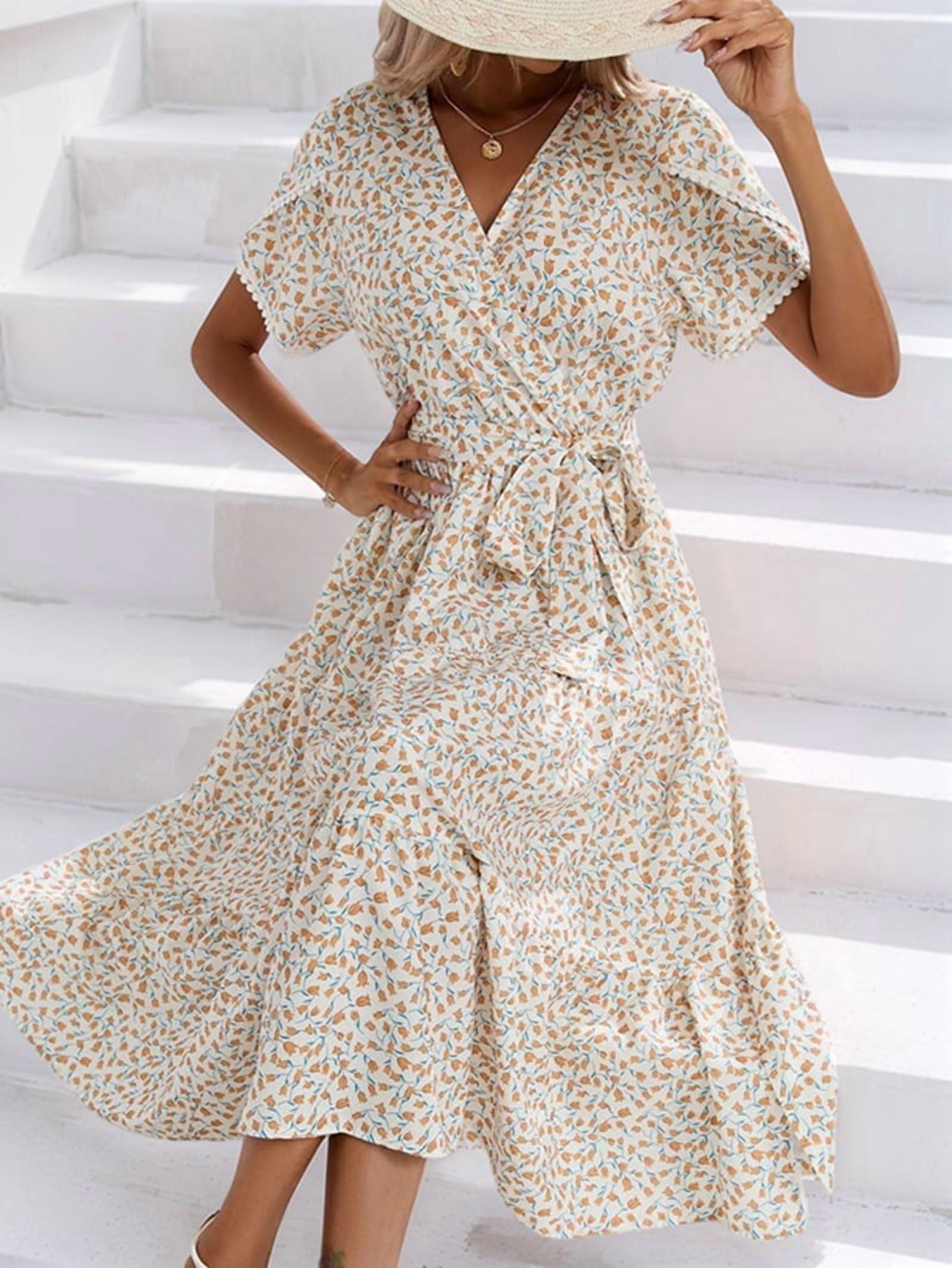 Women's Floral Flutter Sleeve Wrap Dress with Tiered Hem in Cream (photo 5)