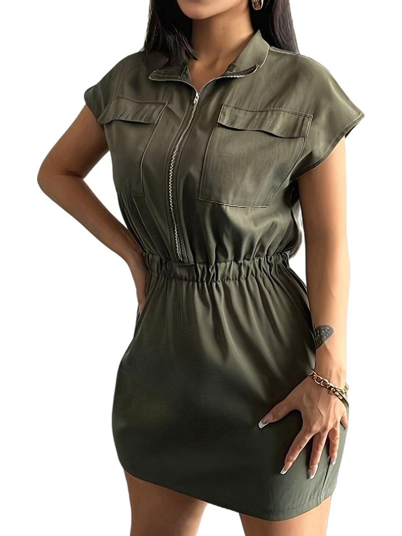 Women's Zip Front Utility Shirt Dress in Army Green (photo 2)