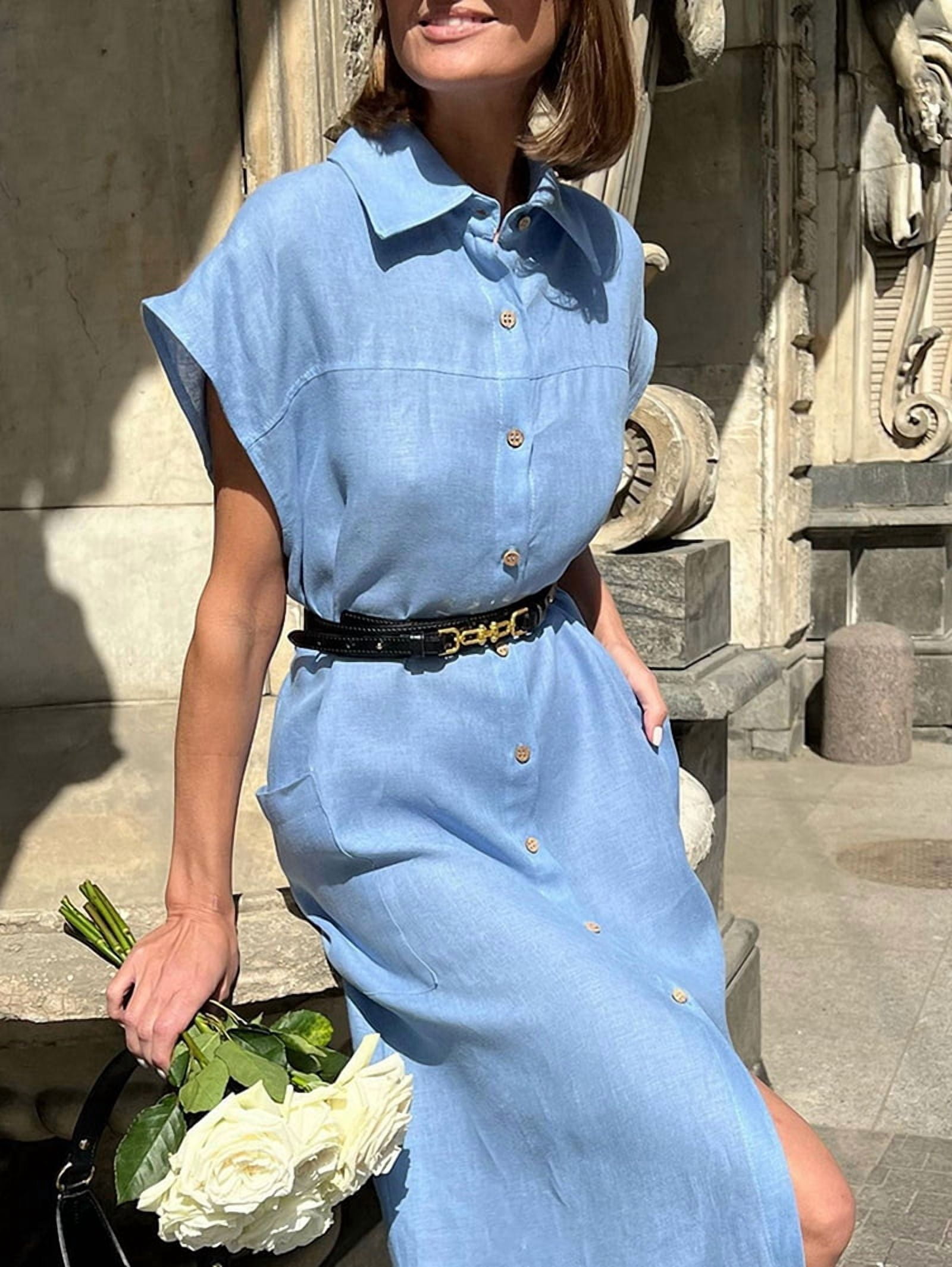 Women's Belted Cotton Linen Maxi Shirt Dress in Blue (photo 2)