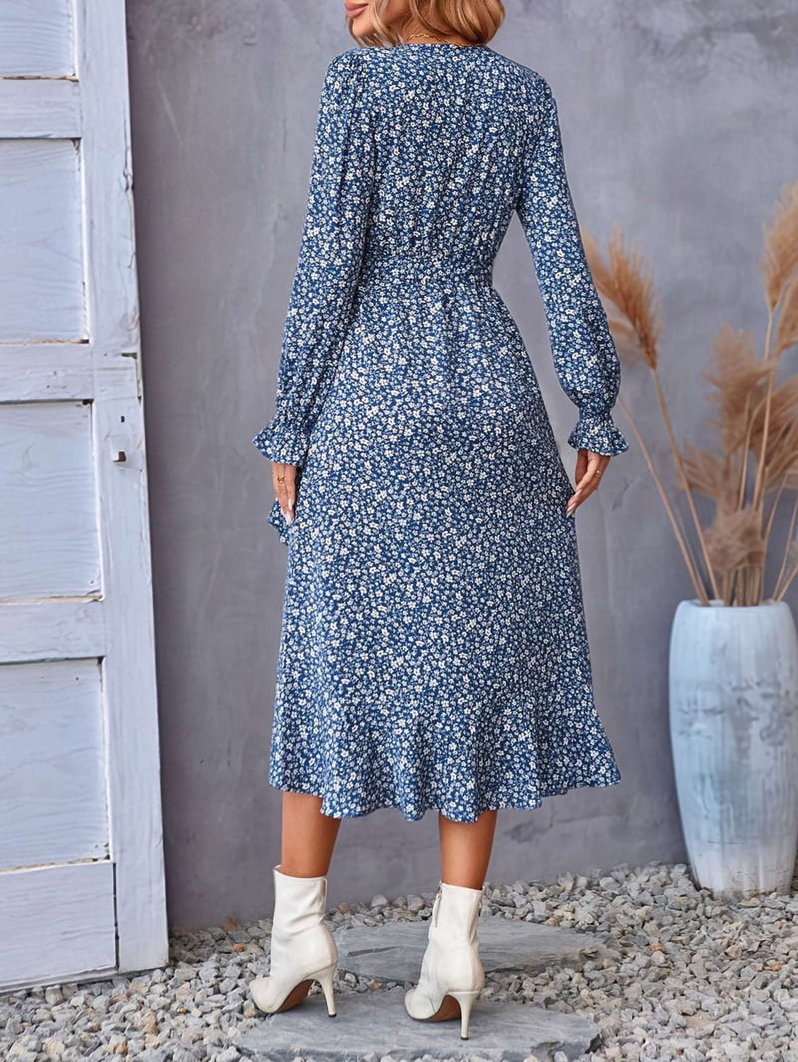Women's Floral Long Sleeve Wrap Dress with Ruffle Hem in Blue (photo 4)