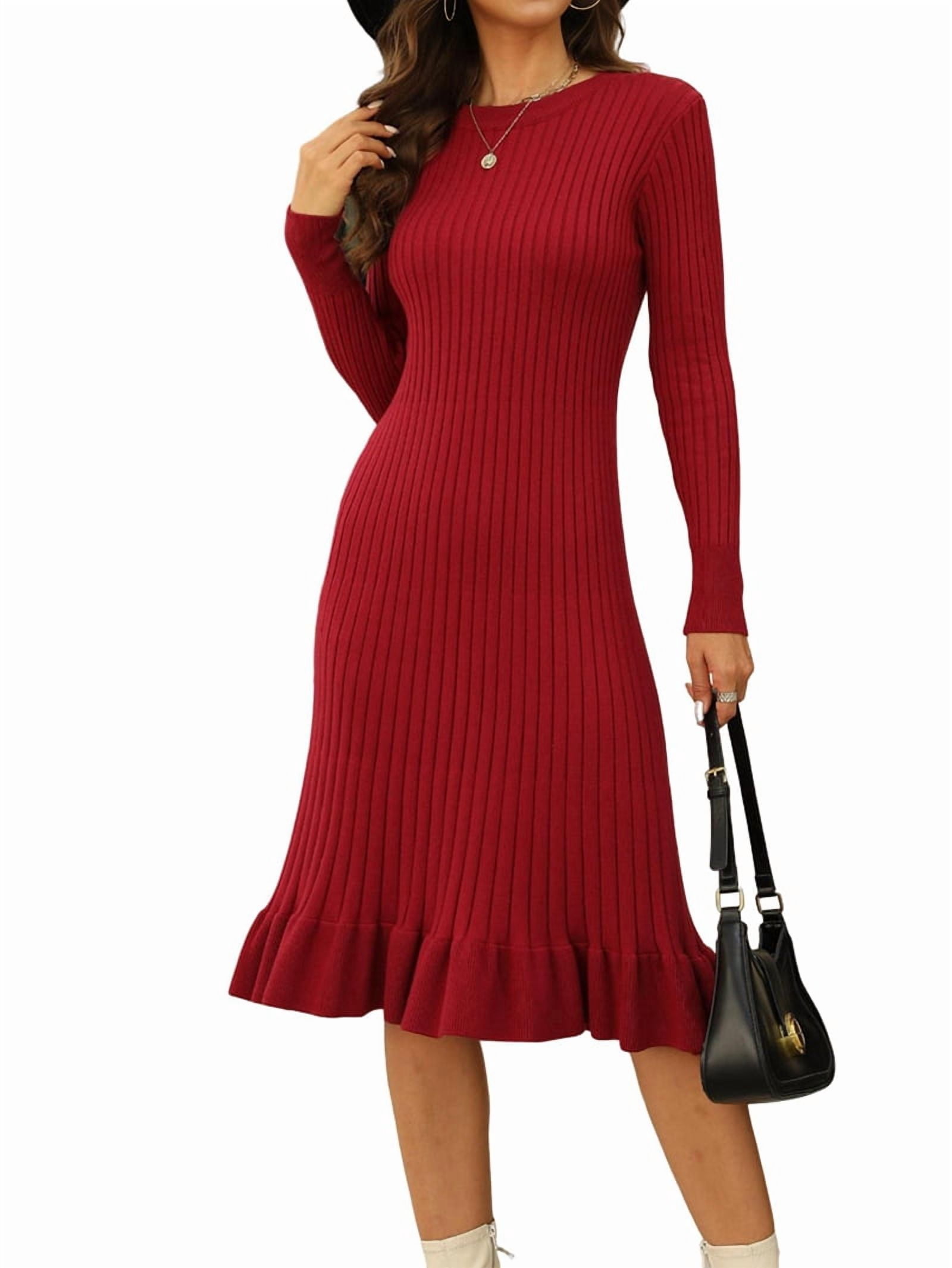 Women's Ribbed Knit Midi Sweater Dress with Flounce Hem in Wine Red