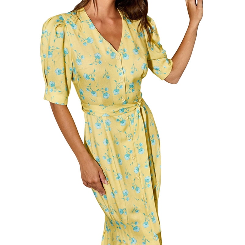 Women's Floral Puff Sleeve Wrap Maxi Dress in Yellow (photo 2)