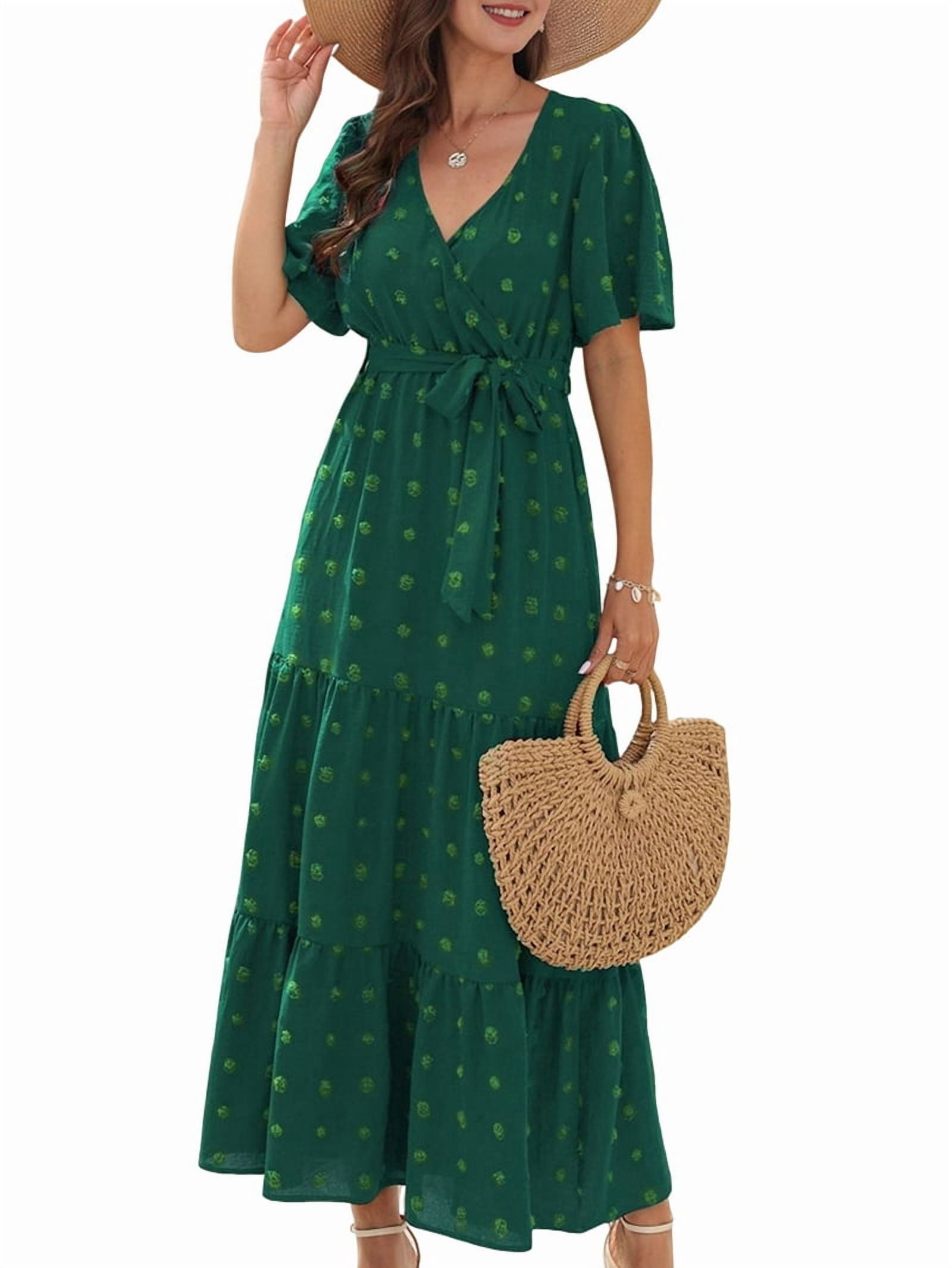 Women's Dot Print Tiered Wrap Maxi Dress in Green