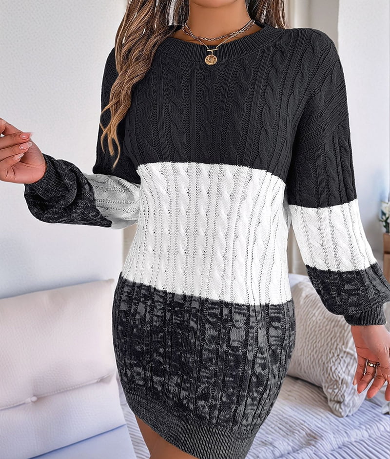 Women's Color Block Cable Knit Sweater Dress in Black and White (photo 5)