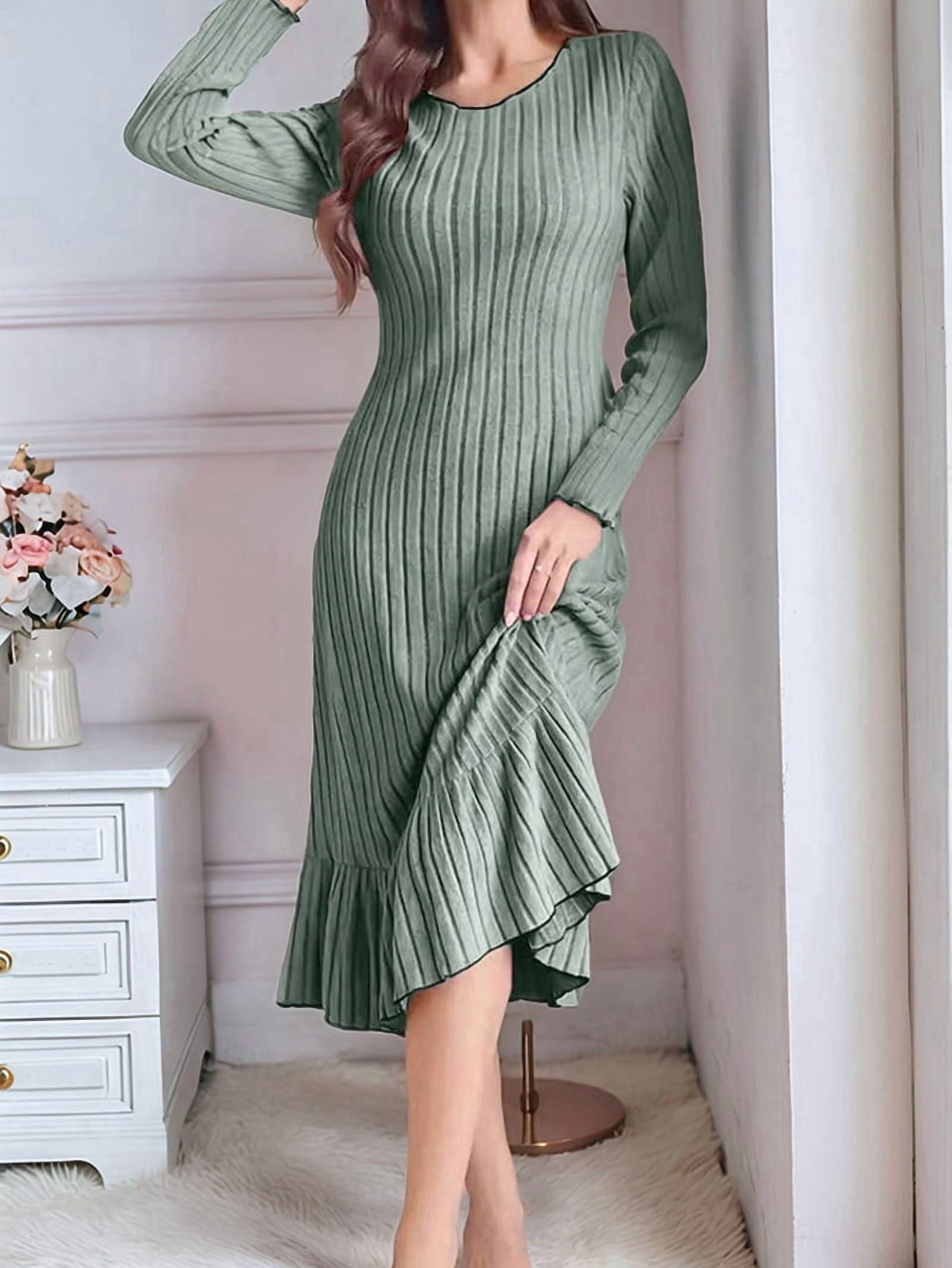 Women's Ribbed Knit Ruffle Hem Maxi Dress in Sage Green (photo 4)