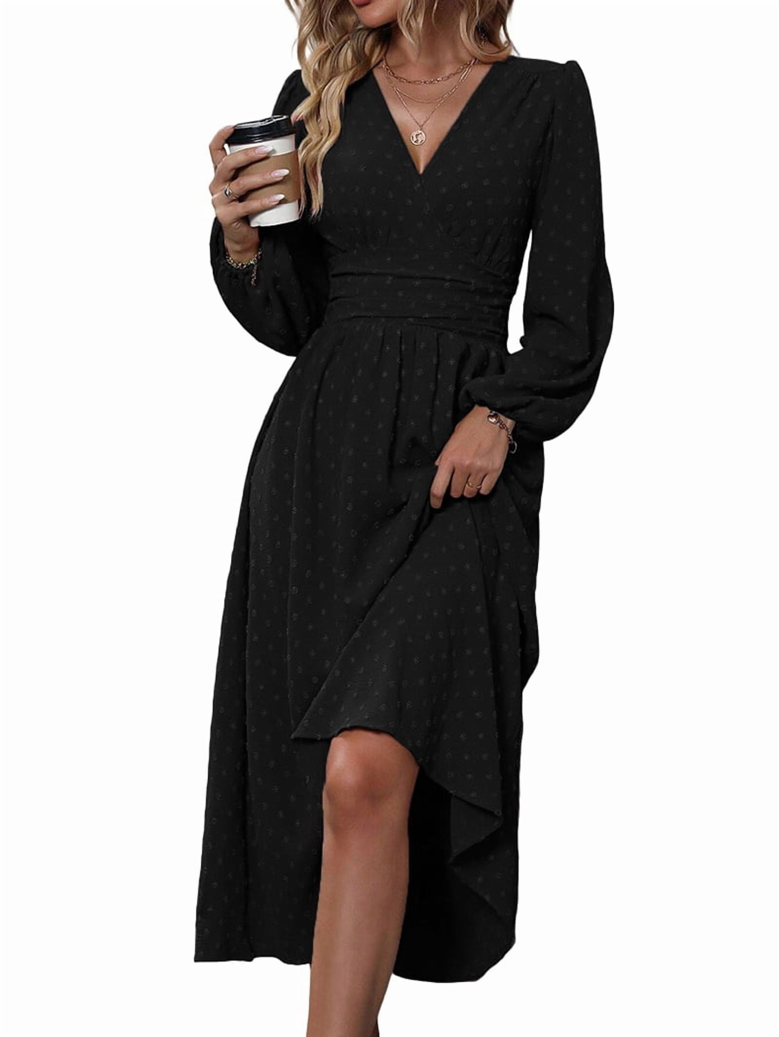 Women's Long Sleeve Surplice Maxi Dress in Black
