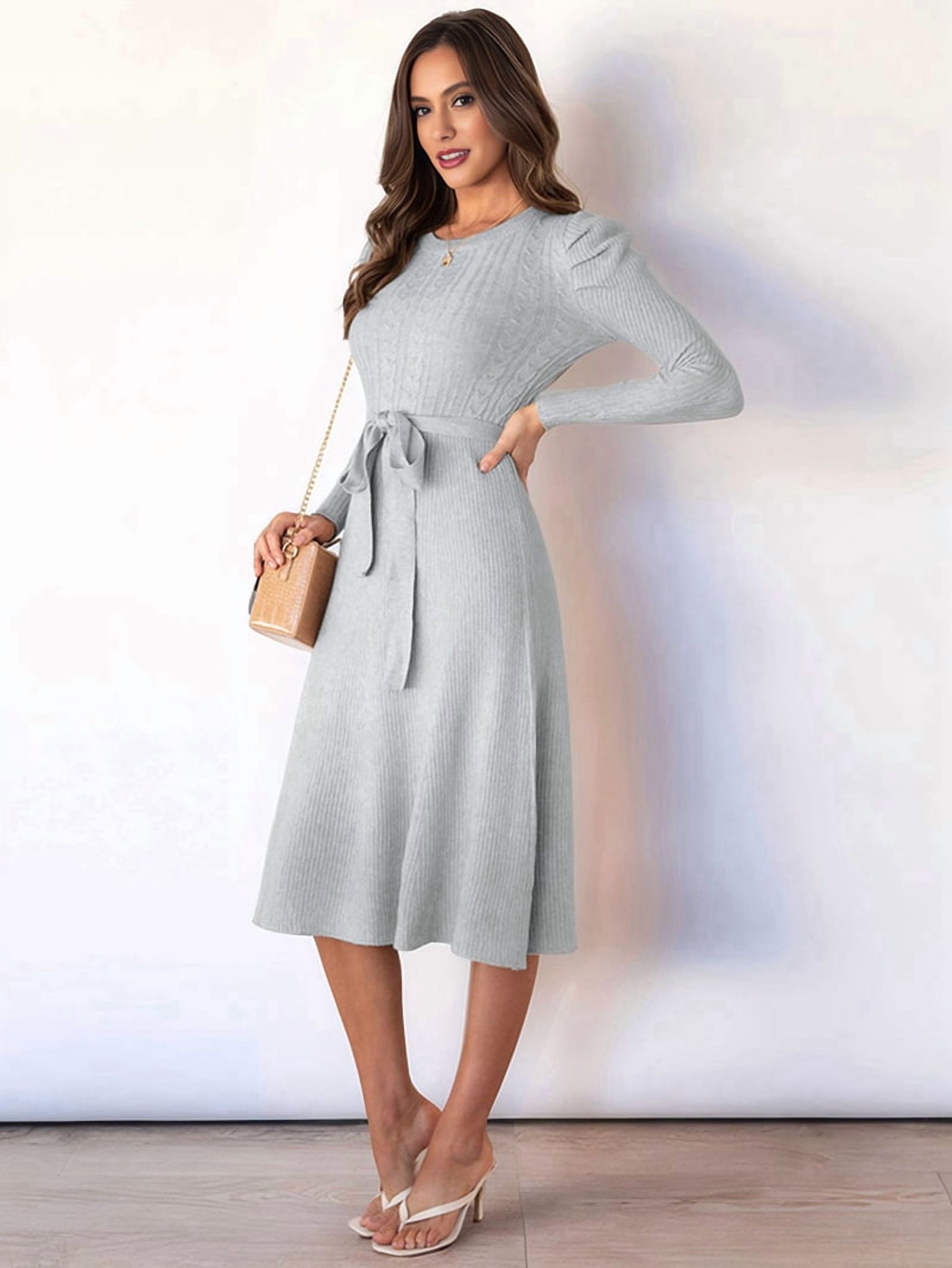 Women's Tie Waist Ribbed Knit Midi Sweater Dress in Gray (photo 7)