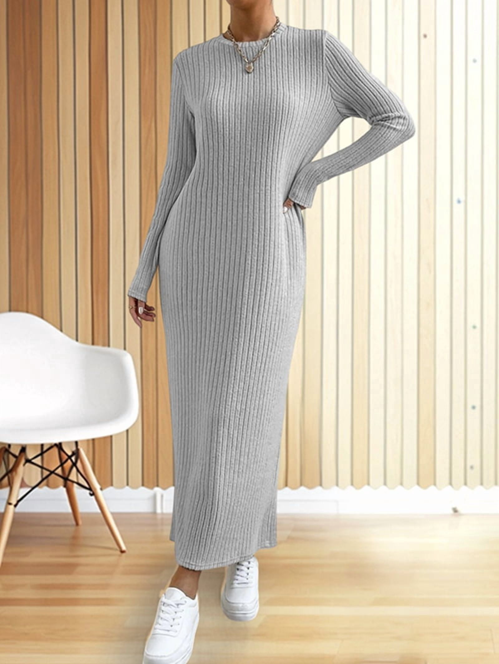 Women's Ribbed Knit Maxi Sweater Dress in Gray (photo 5)