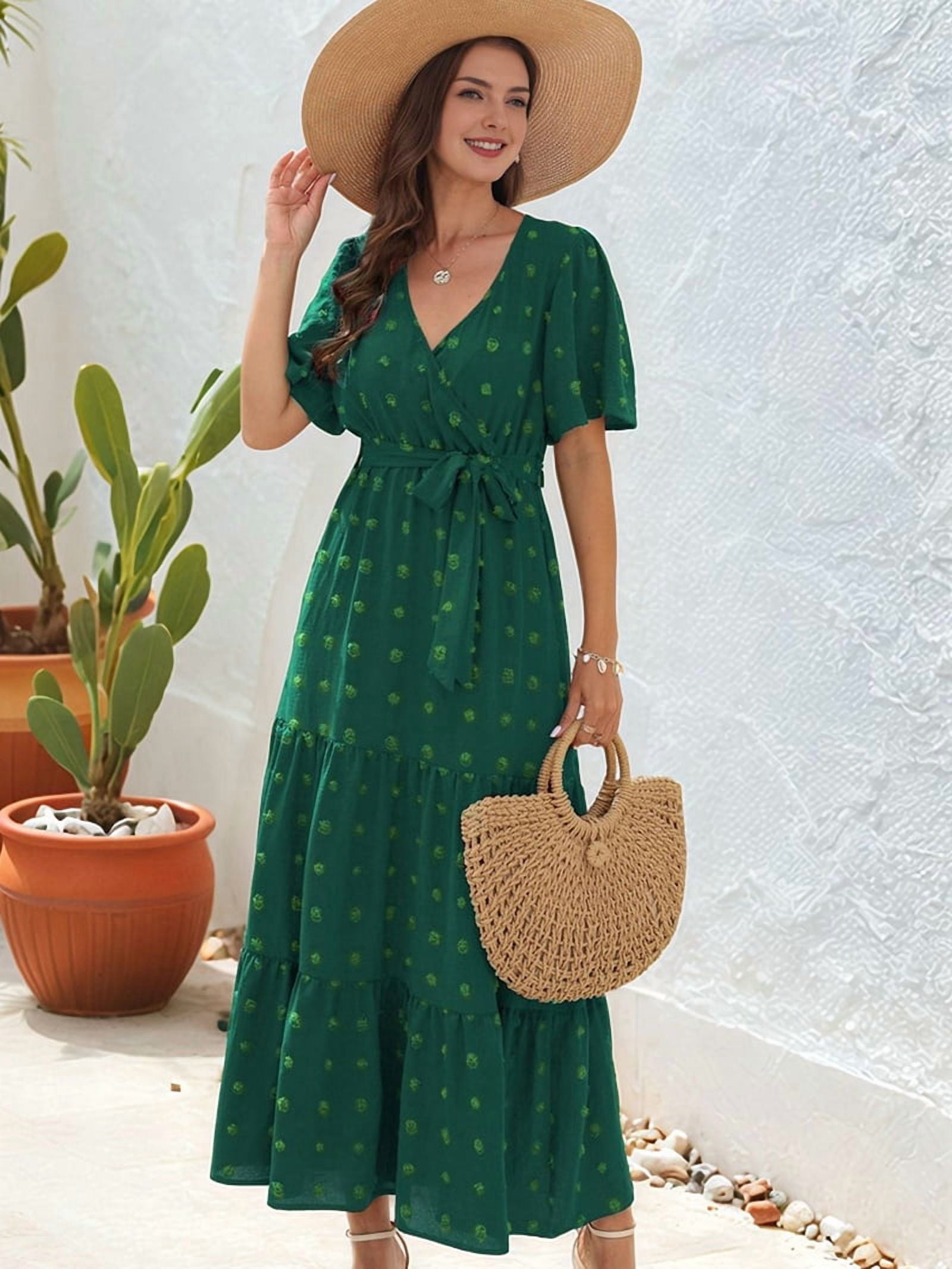 Women's Dot Print Tiered Wrap Maxi Dress in Green (photo 2)