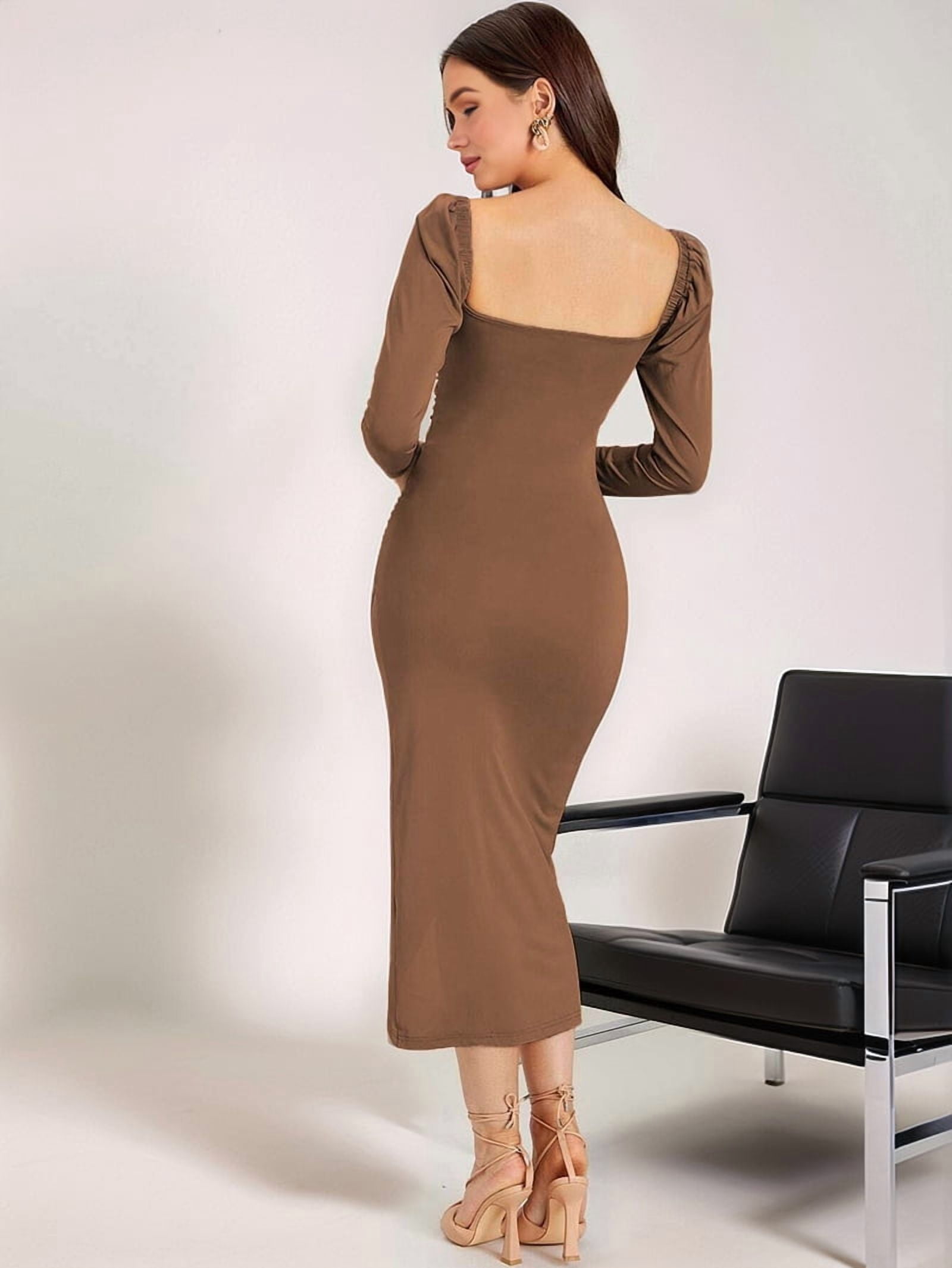 Women's Long Sleeve Ruched Wrap Midi Dress in Brown (photo 7)
