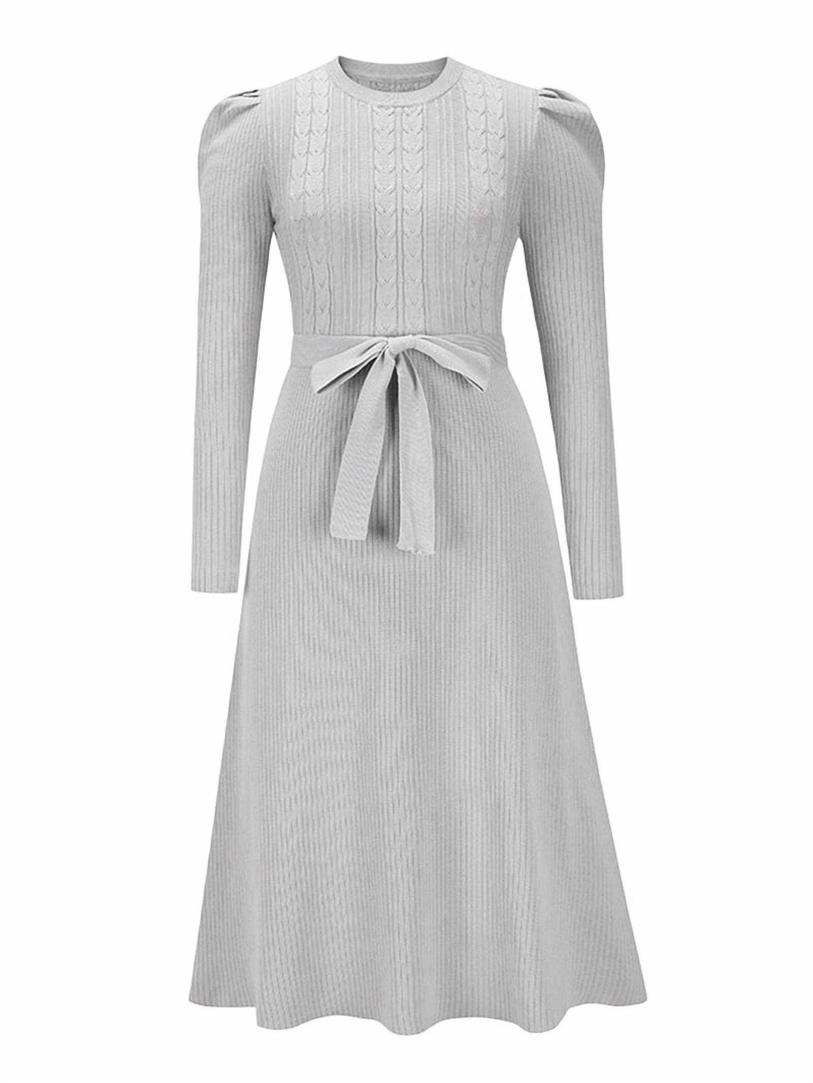 Women's Tie Waist Ribbed Knit Midi Sweater Dress in Gray (photo 3)