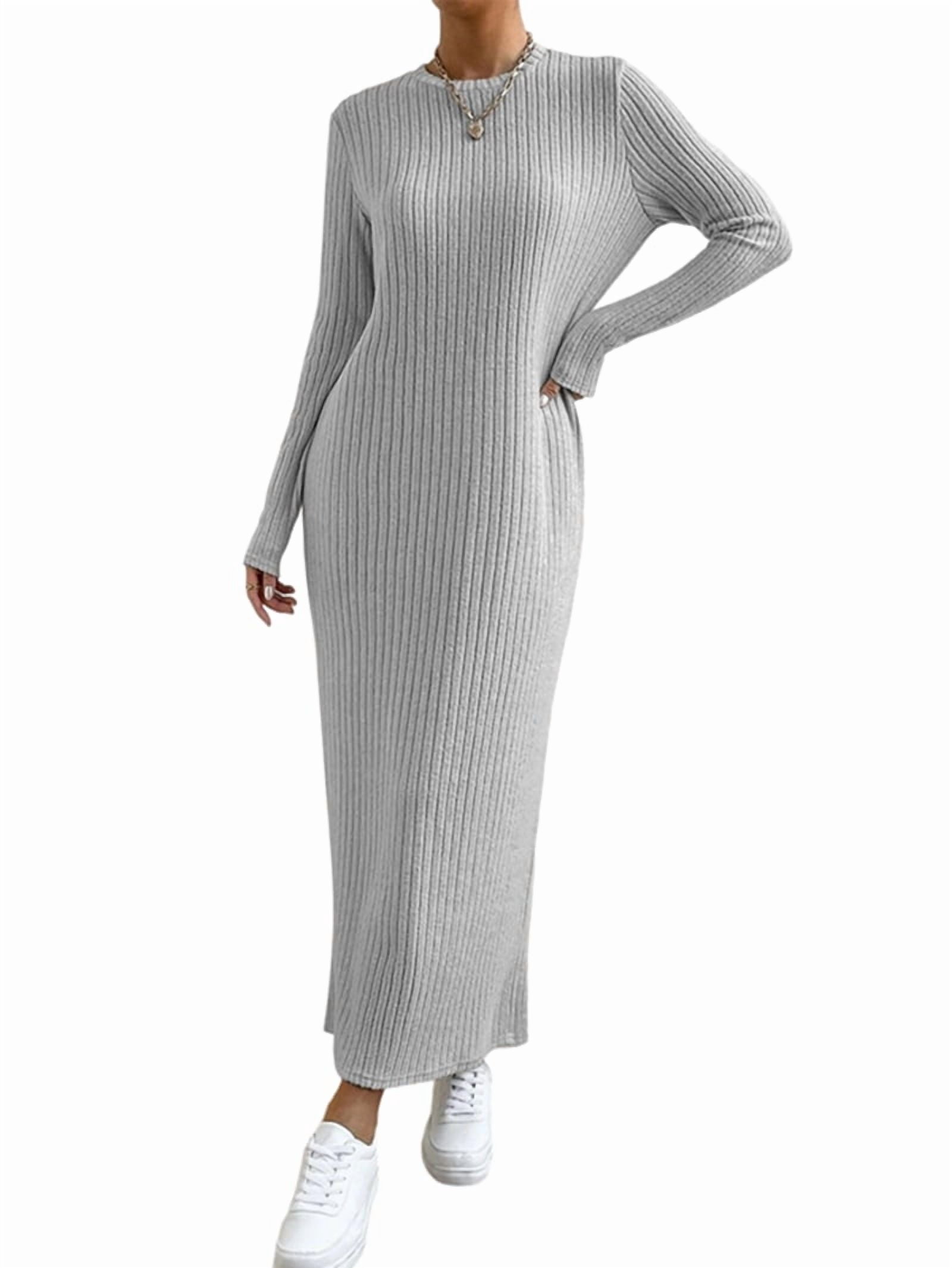Women's Ribbed Knit Maxi Sweater Dress in Gray