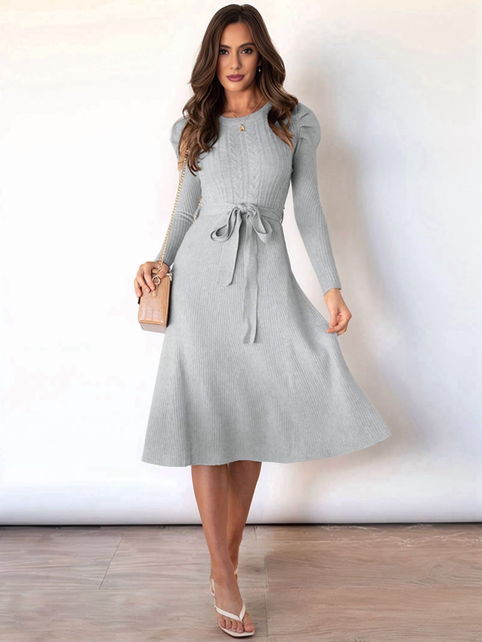 Women's Tie Waist Ribbed Knit Midi Sweater Dress in Gray (photo 6)