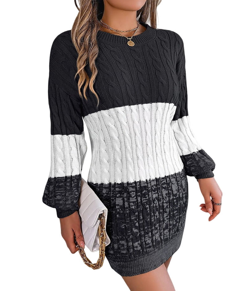 Women's Color Block Cable Knit Sweater Dress in Black and White (photo 3)