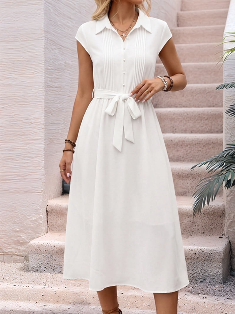 Women's Cap Sleeve Tie Waist Midi Shirt Dress in White (photo 3)