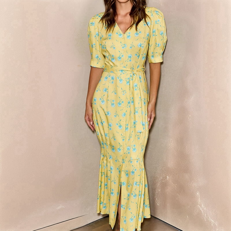 Women's Floral Puff Sleeve Wrap Maxi Dress in Yellow (photo 4)