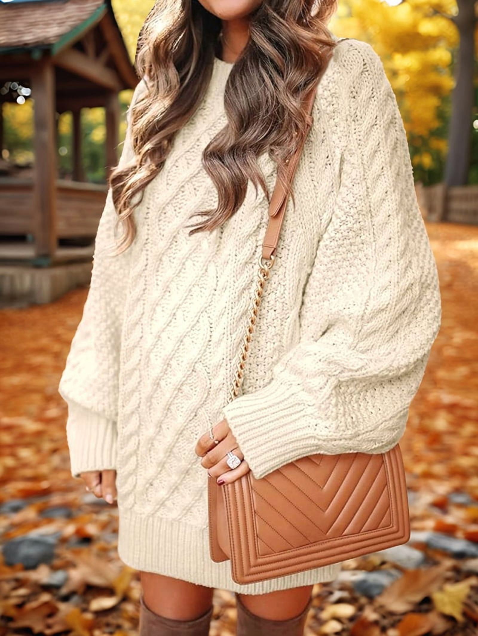 Women's Oversized Chunky Cable Knit Sweater Dress in Apricot (photo 8)