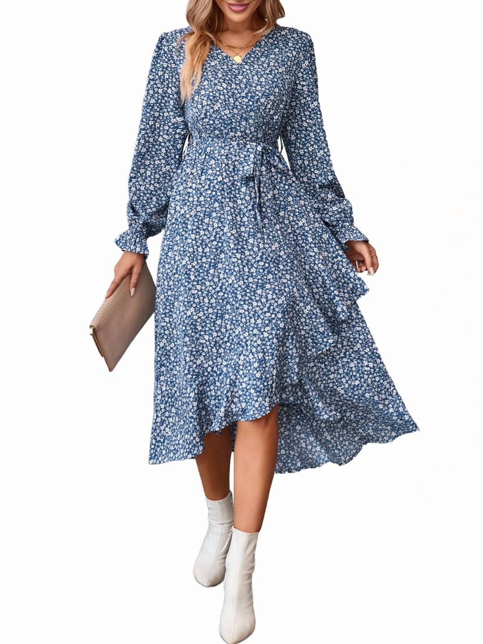 Women's Floral Long Sleeve Wrap Dress with Ruffle Hem in Blue (photo 3)
