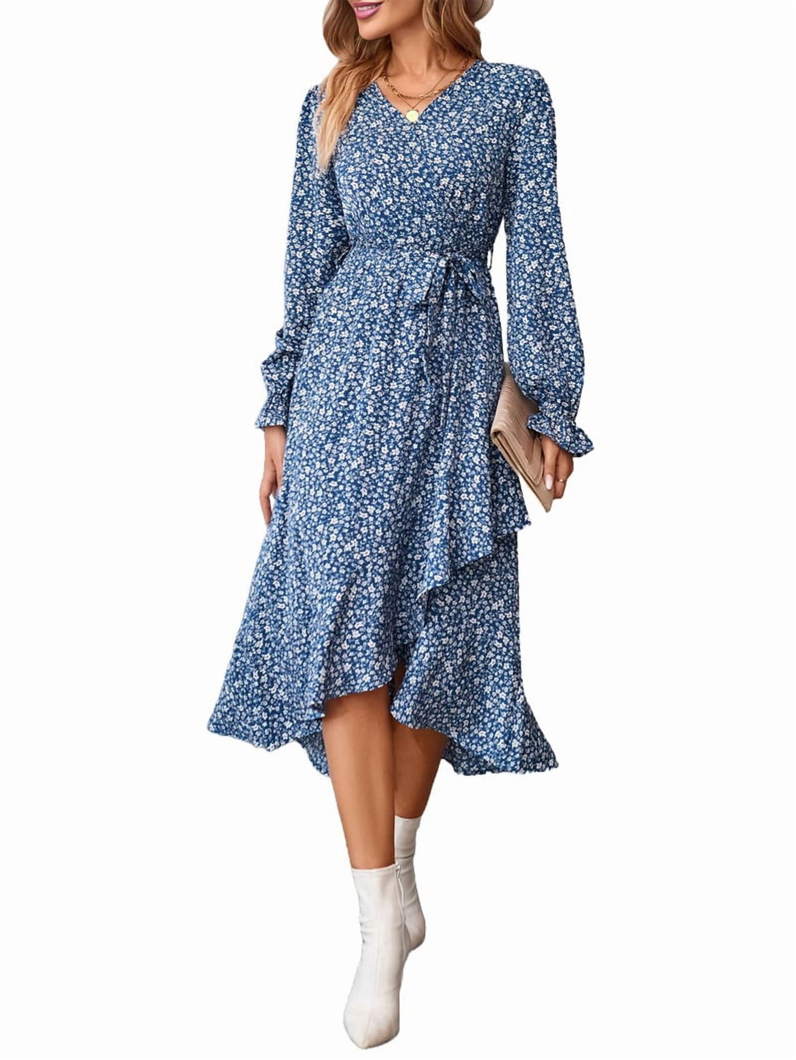 Women's Floral Long Sleeve Wrap Dress with Ruffle Hem in Blue (photo 2)