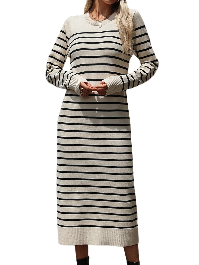 Women's Striped Loose Knit Long Sweater Dress in Apricot and Black (photo 2)