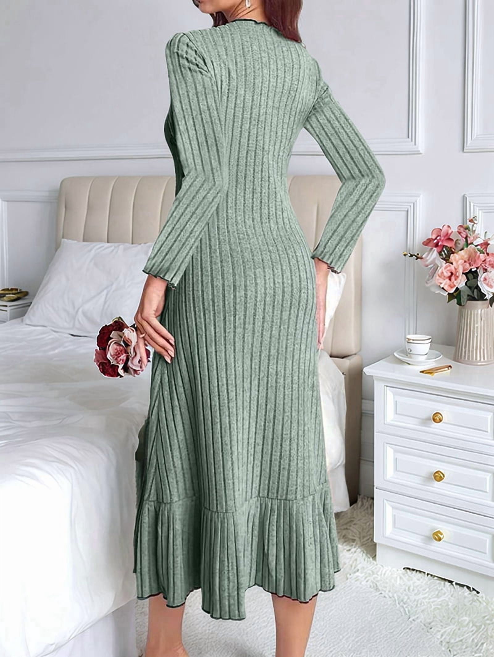 Women's Ribbed Knit Ruffle Hem Maxi Dress in Sage Green (photo 5)