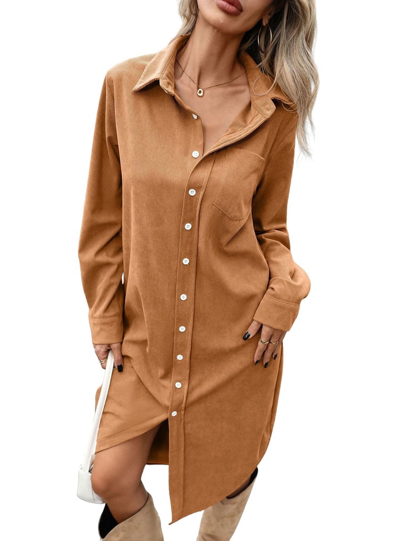Women's Corduroy Button Down Shirt Dress in Camel (photo 2)