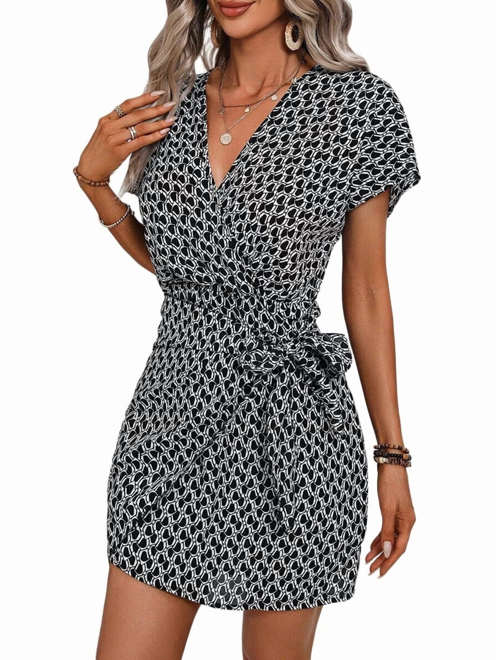 Women's Printed Short Sleeve Wrap Mini Dress in Black
