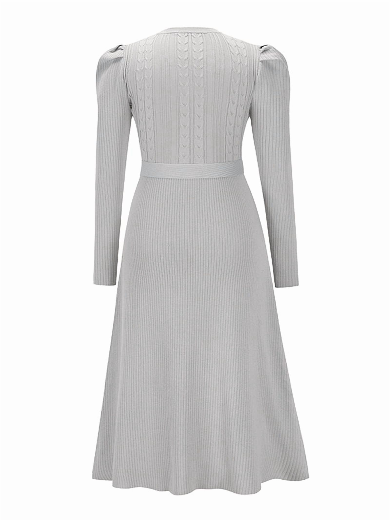 Women's Tie Waist Ribbed Knit Midi Sweater Dress in Gray (photo 5)