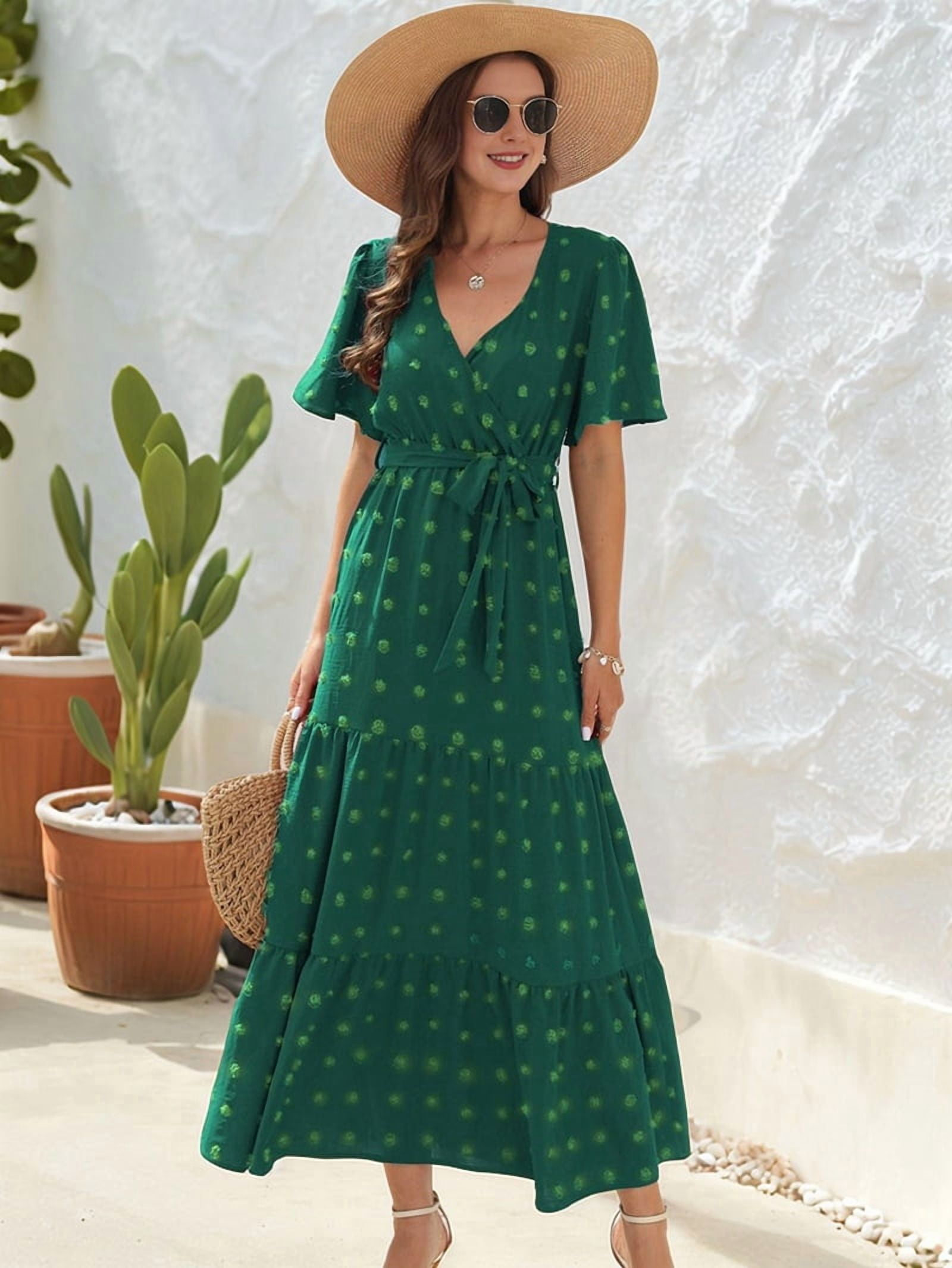 Women's Dot Print Tiered Wrap Maxi Dress in Green (photo 4)