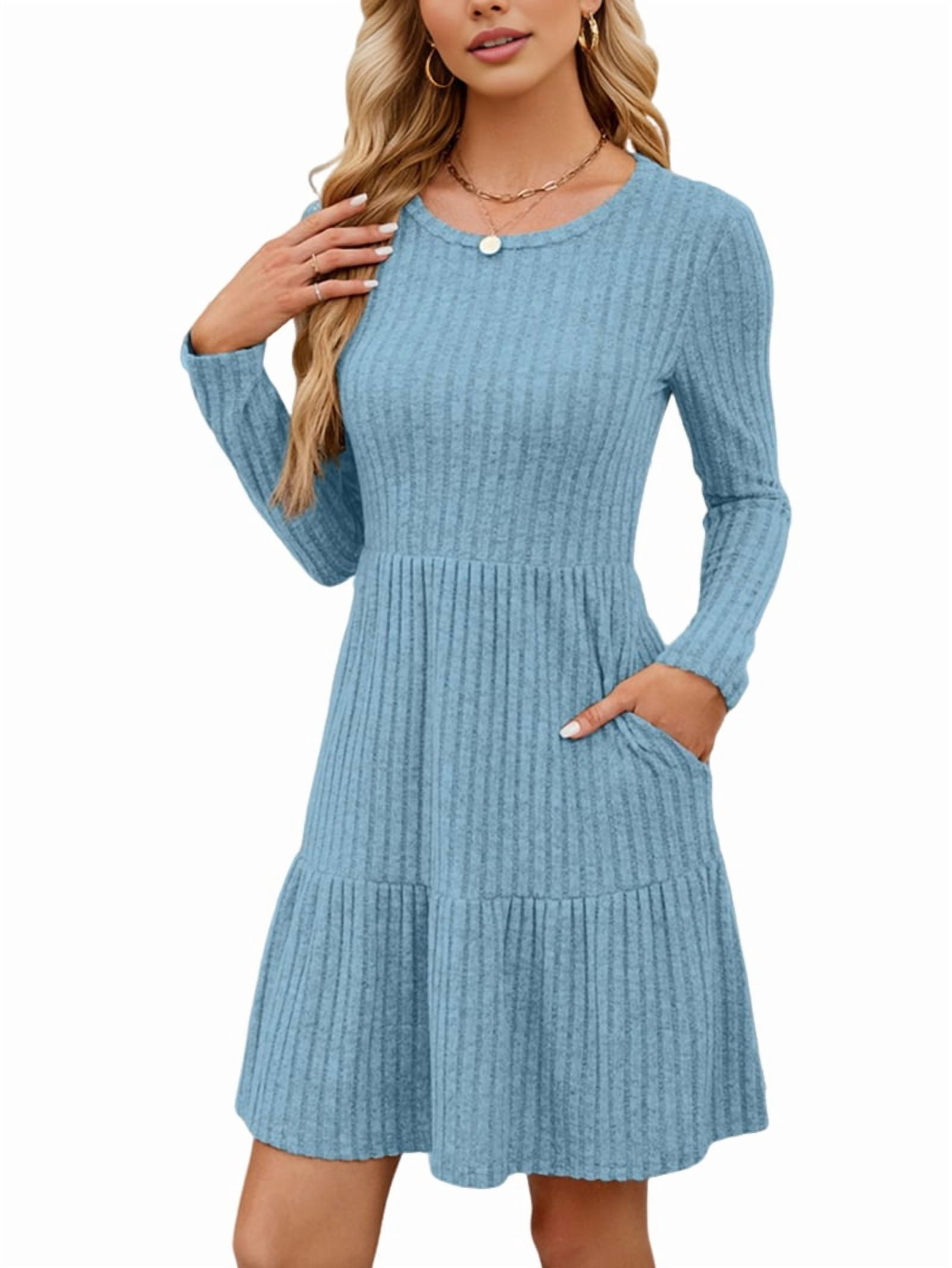 Women's Ribbed Knit A-Line Sweater Dress with Pockets in Light Blue (photo 3)