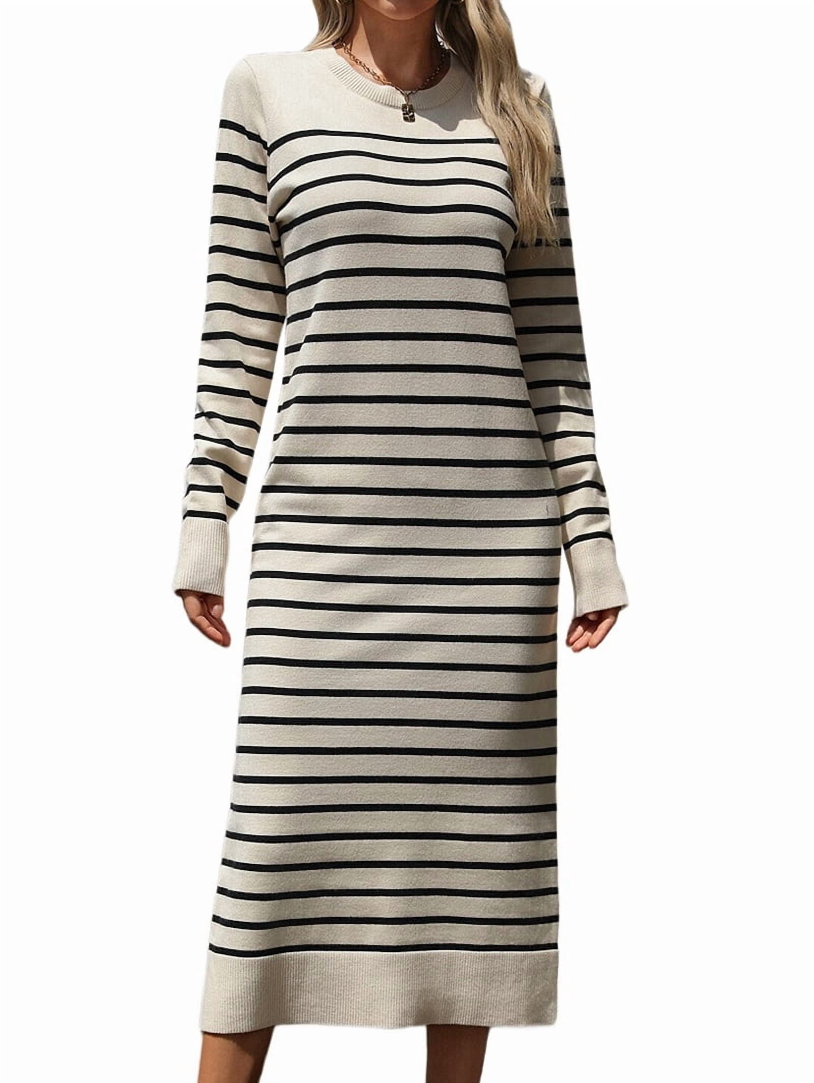 Women's Striped Loose Knit Long Sweater Dress in Apricot and Black