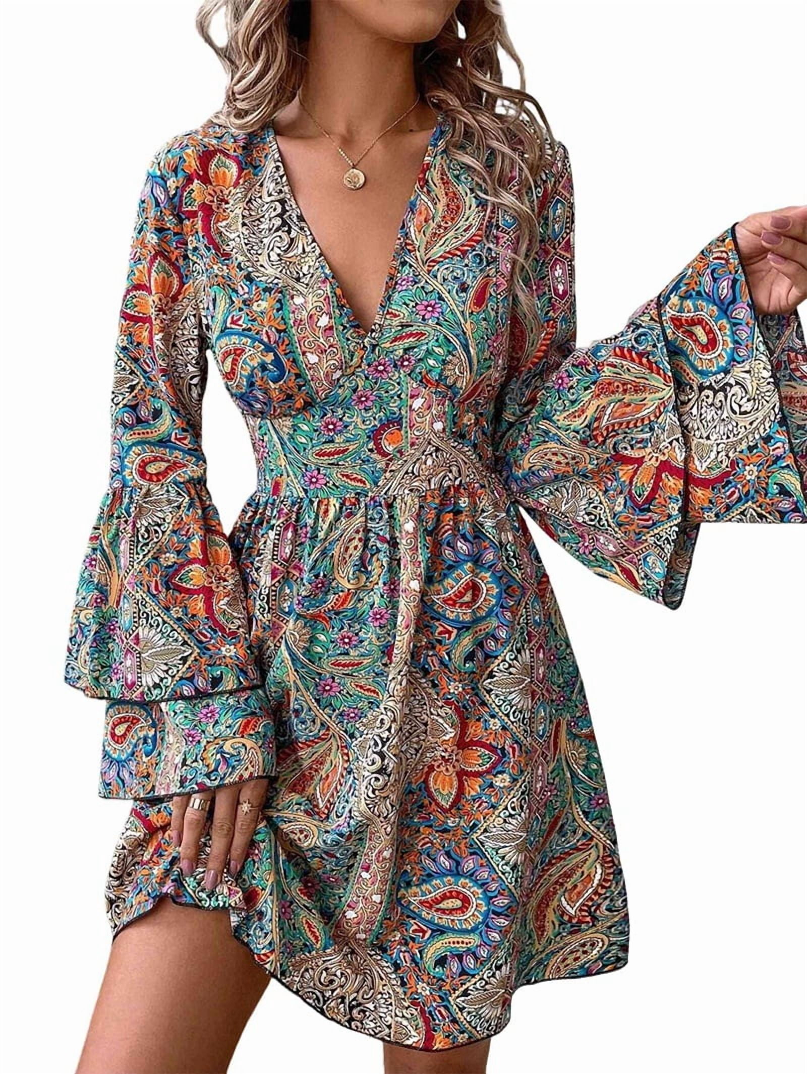 Women's Paisley Bell Sleeve Wrap Mini Dress in Multicolor (photo 2)