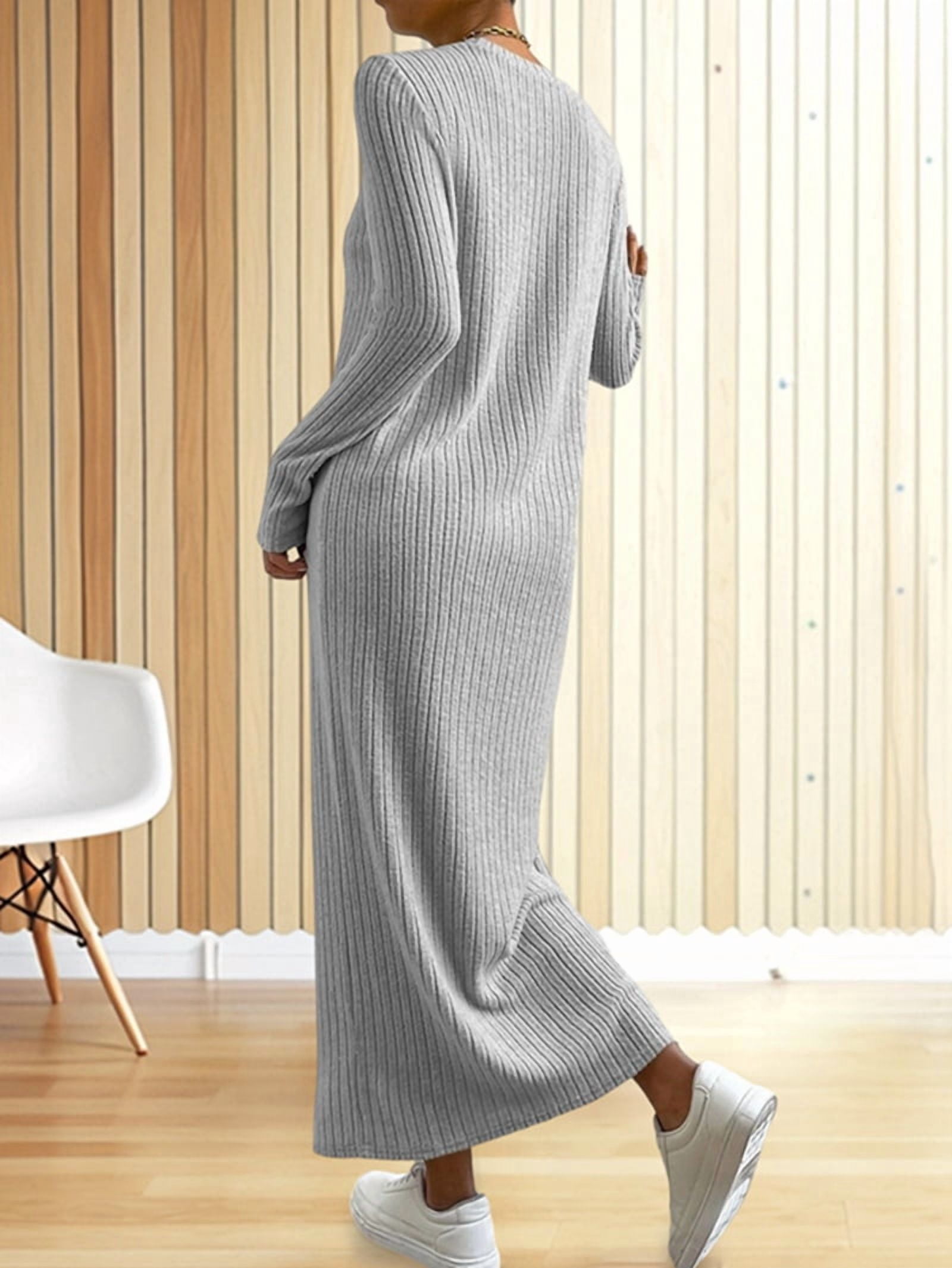 Women's Ribbed Knit Maxi Sweater Dress in Gray (photo 8)